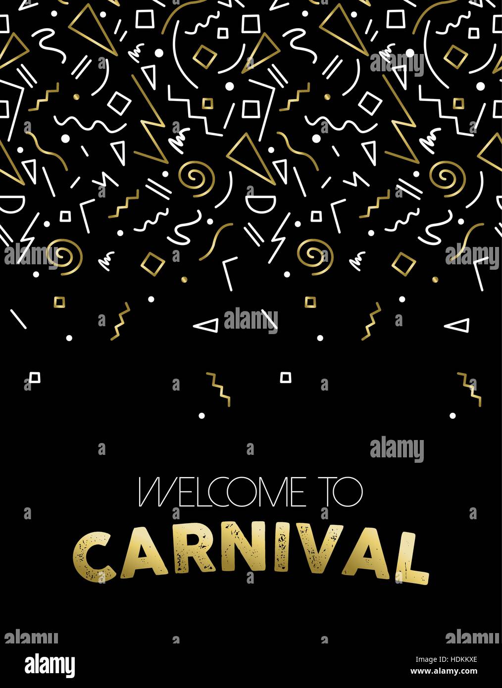 Welcome to carnival illustration, gold party confetti in abstract linear style for event poster, card or invitation. EPS10 vector. Stock Vector