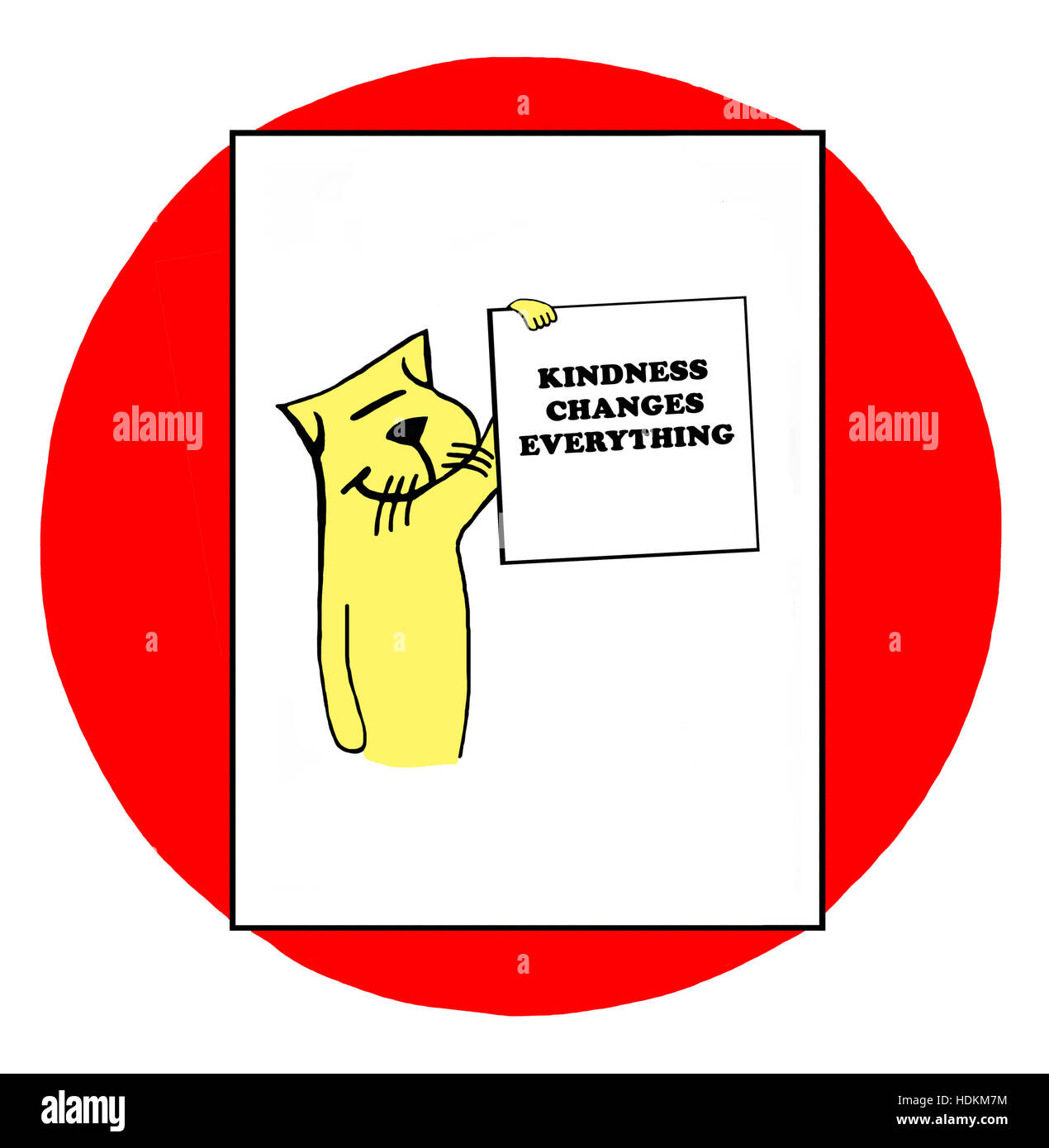 Color illustration of a yellow cat holding a sign 'kindness changes everything'. Stock Photo