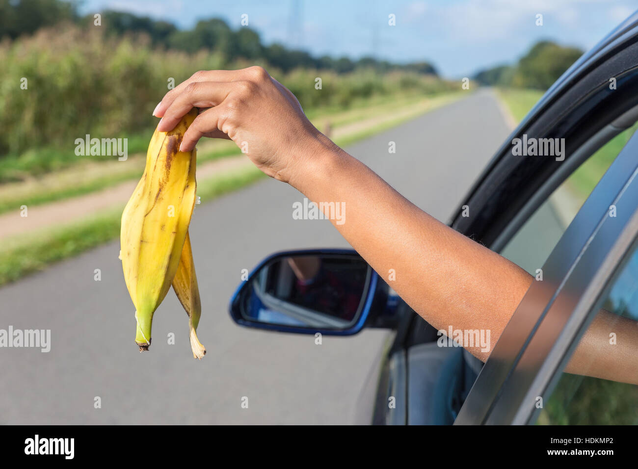 Female arm throwing  fruit waste out of car window Stock Photo