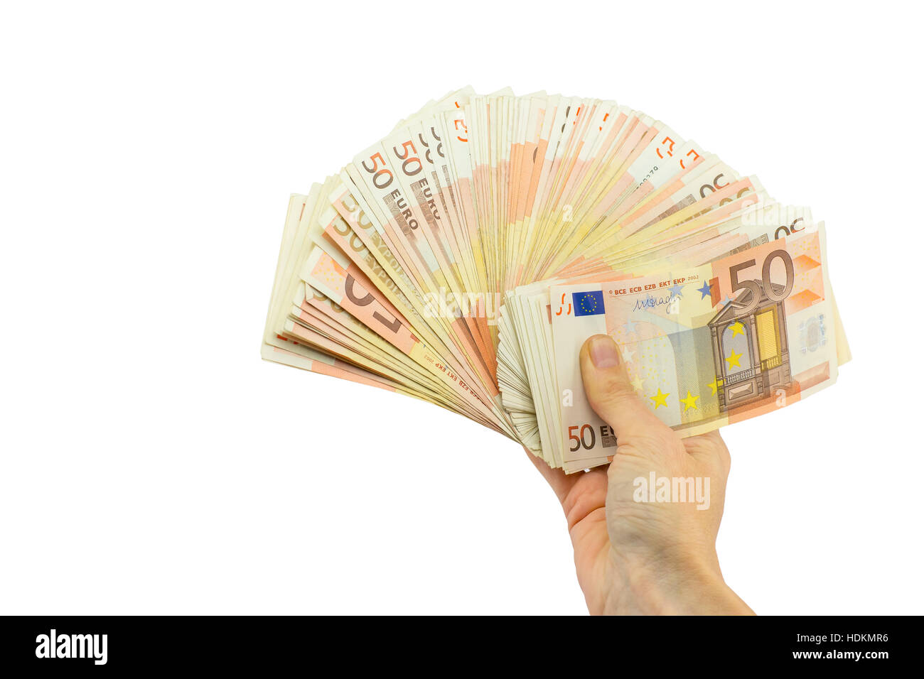 Hand holding pile of fifty euro bills isolated on white background Stock Photo