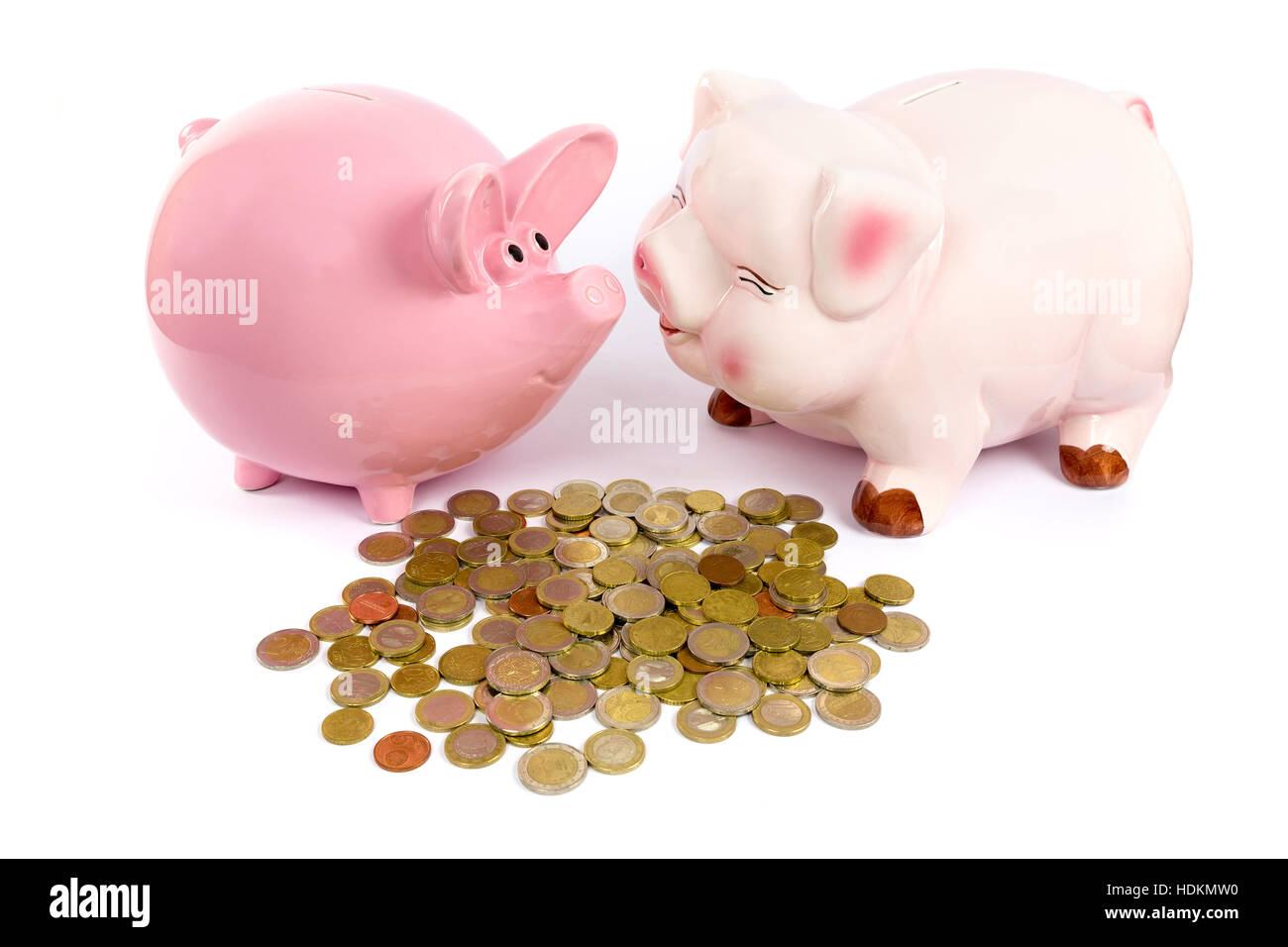 Two pink piggy banks with euro coins isolated on white background Stock ...