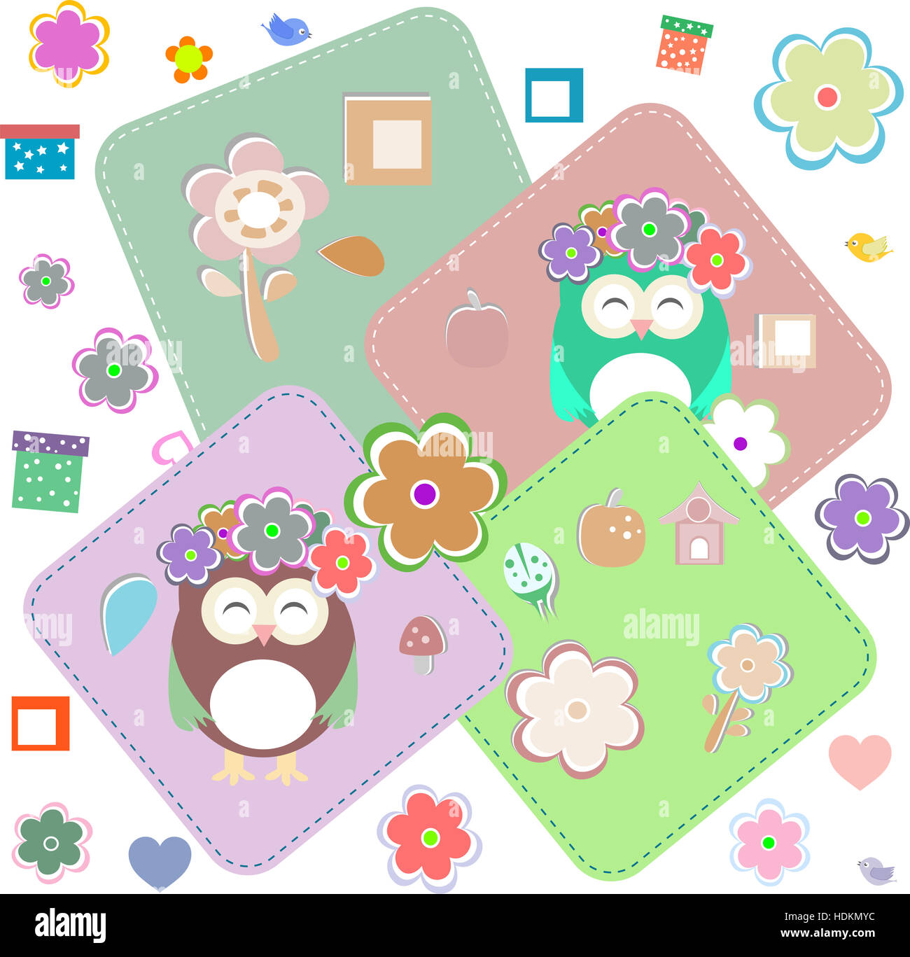 birthday party elements with cute owls and birds Stock Photo - Alamy