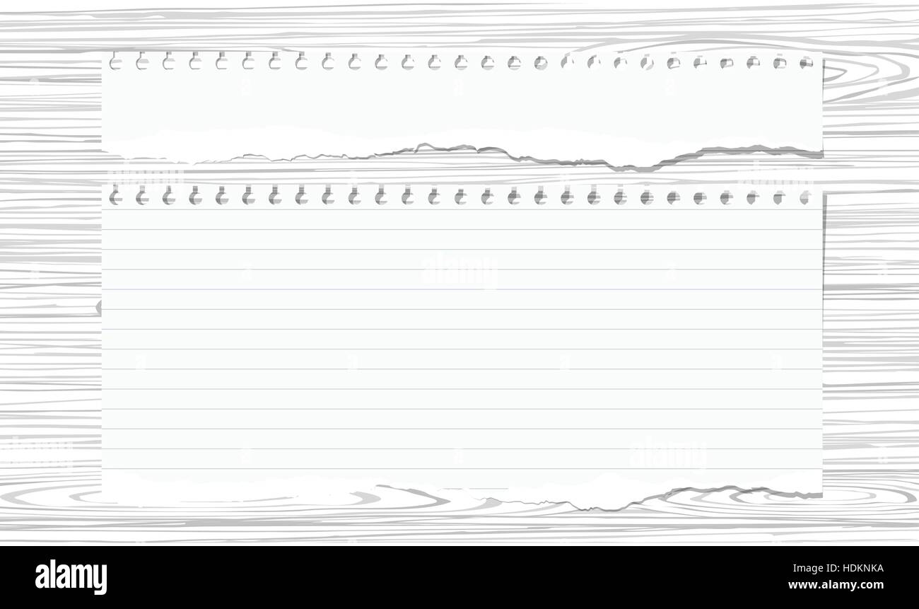 Set of pieces ripped white notebook paper are sticked on dark wooden ...