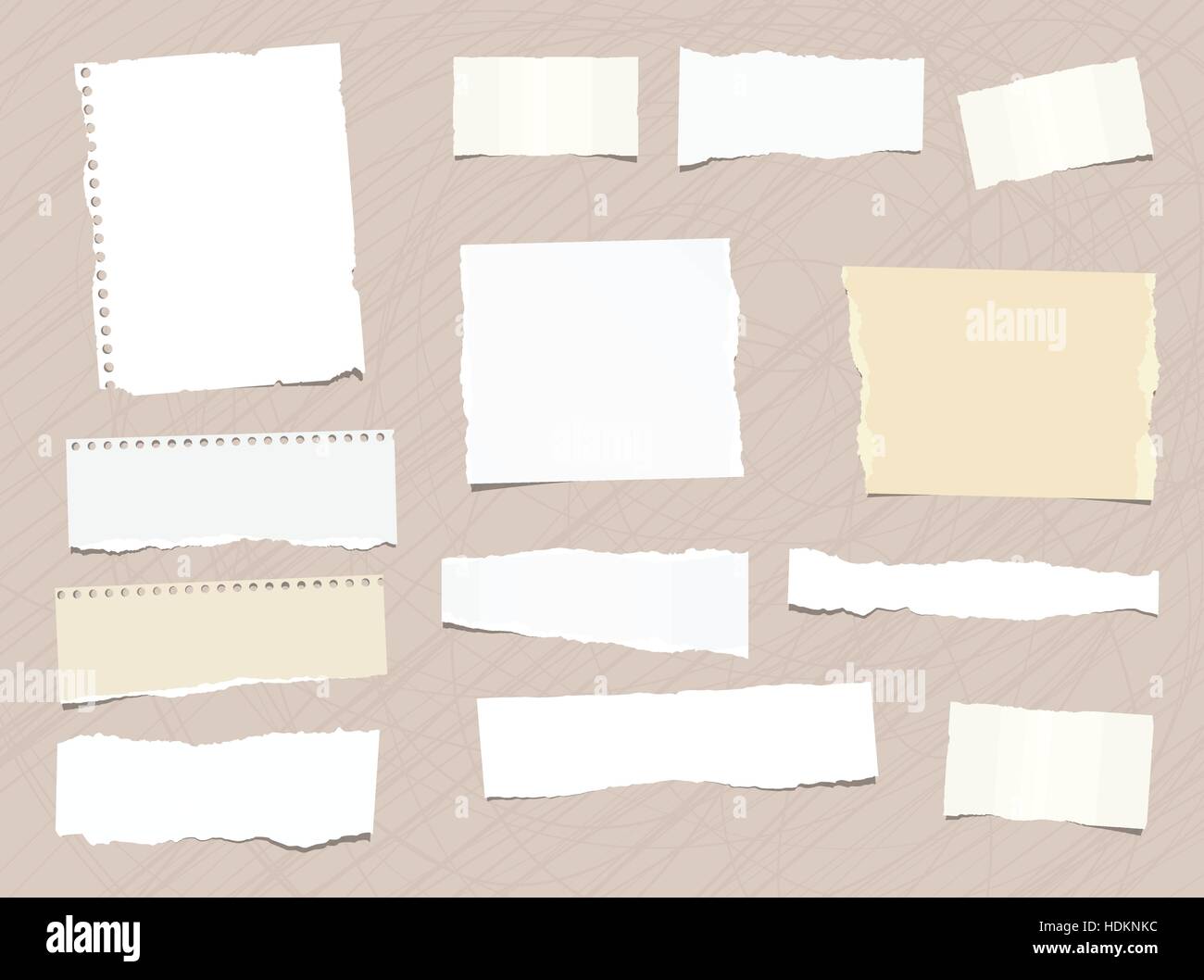 Pieces of different size ripped note, notebook, copybook paper stuck ...