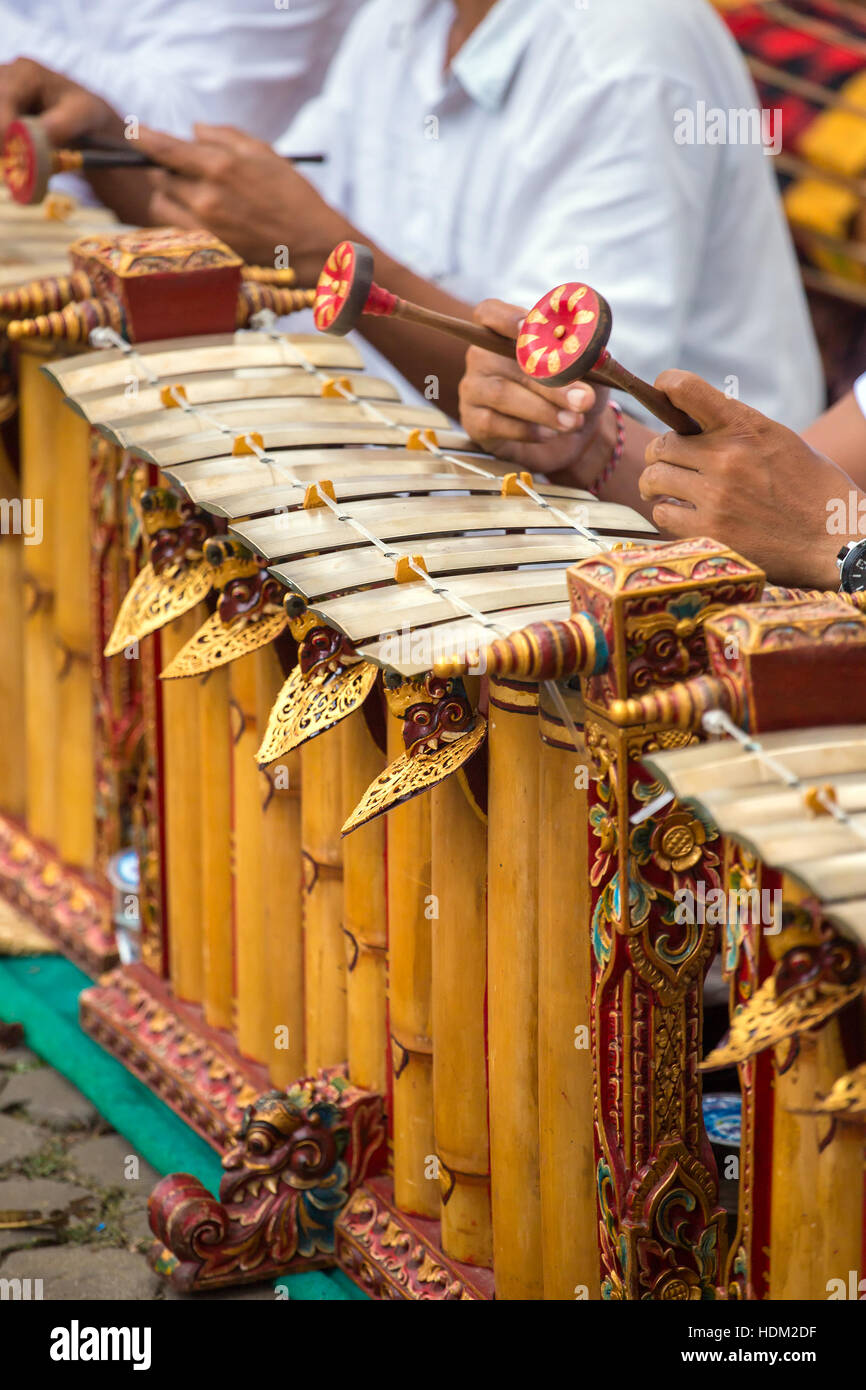Traditional Balinese music instrument 'gamelan' Close-up decoration details. Stock Photo