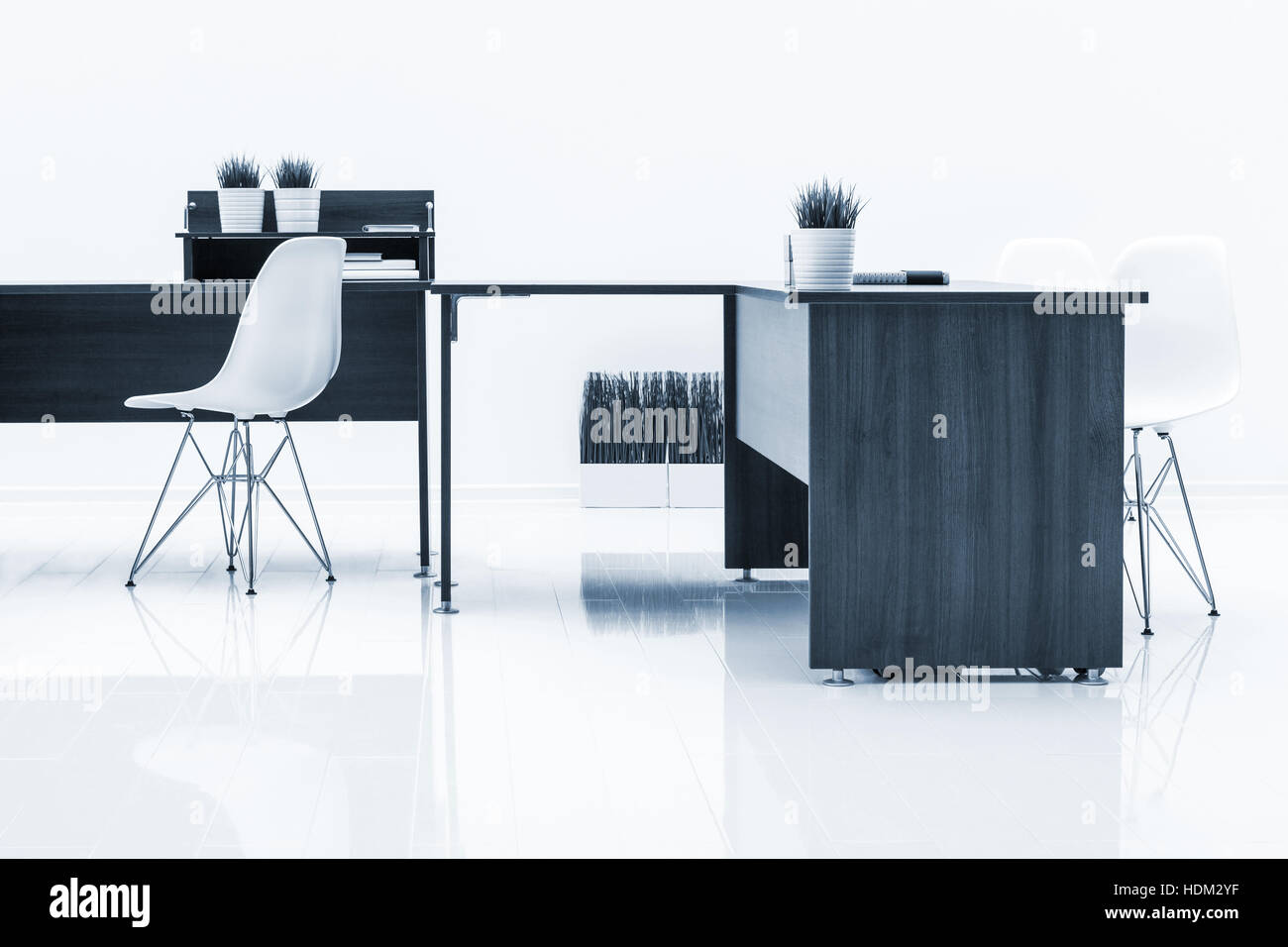 tables and armchairs with reflection on white background Stock Photo