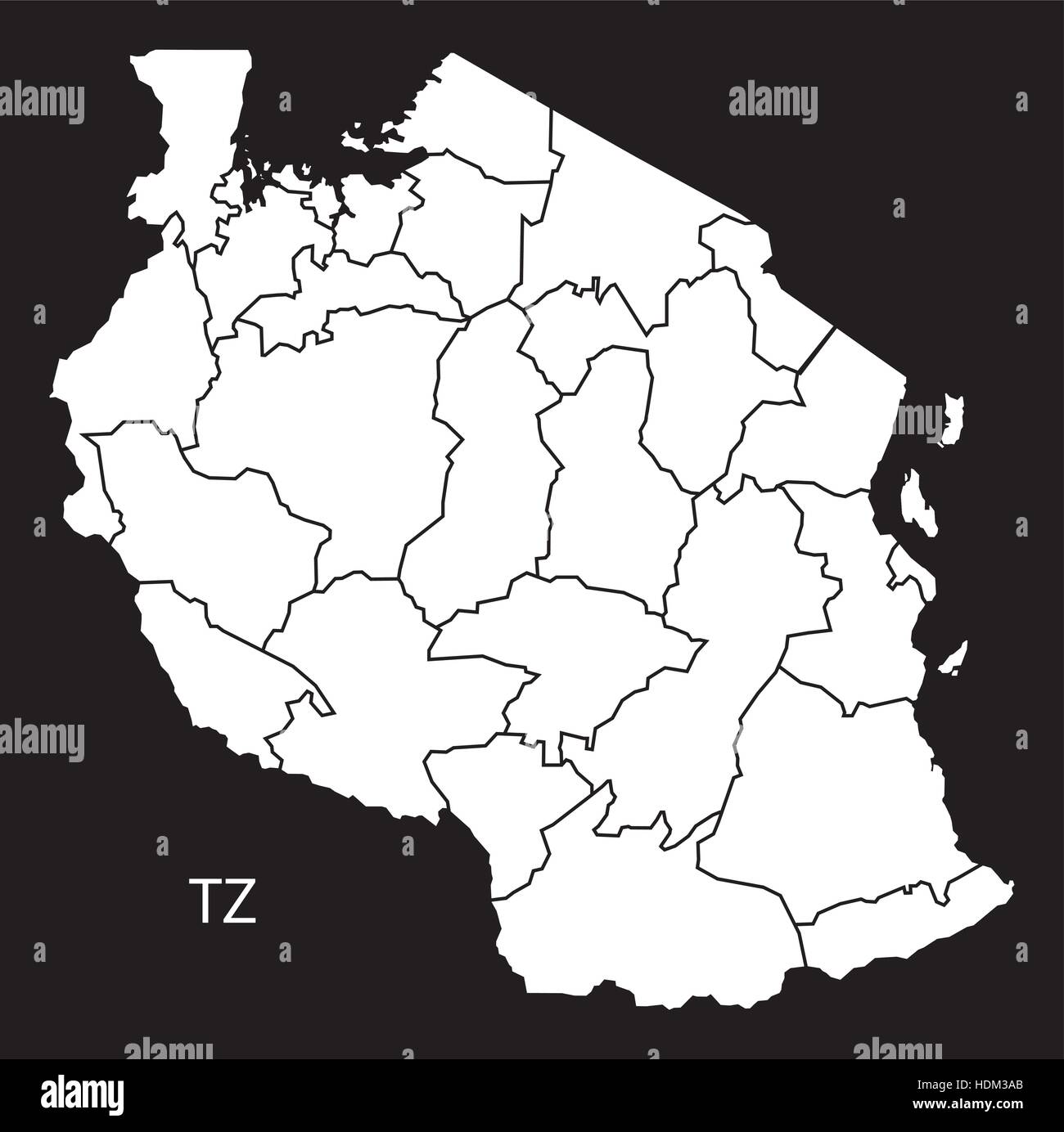 Tanzania regions Map black and white illustration Stock Vector