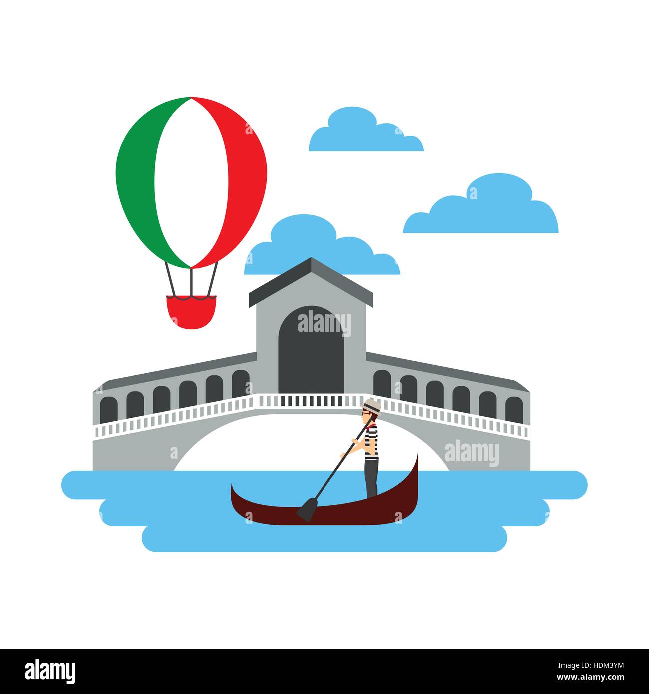 venice landscape with gondola and air balloon with italy flag colors ...