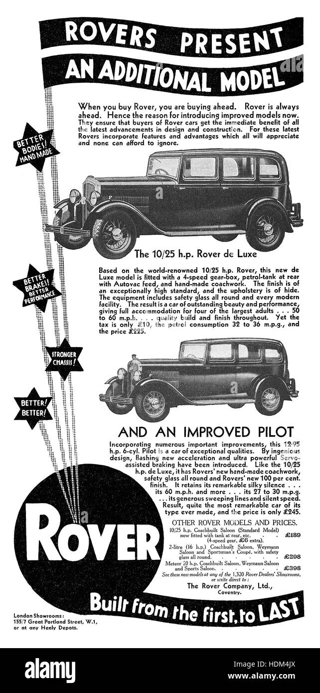 1932 British advertisement for Rover motor cars Stock Photo