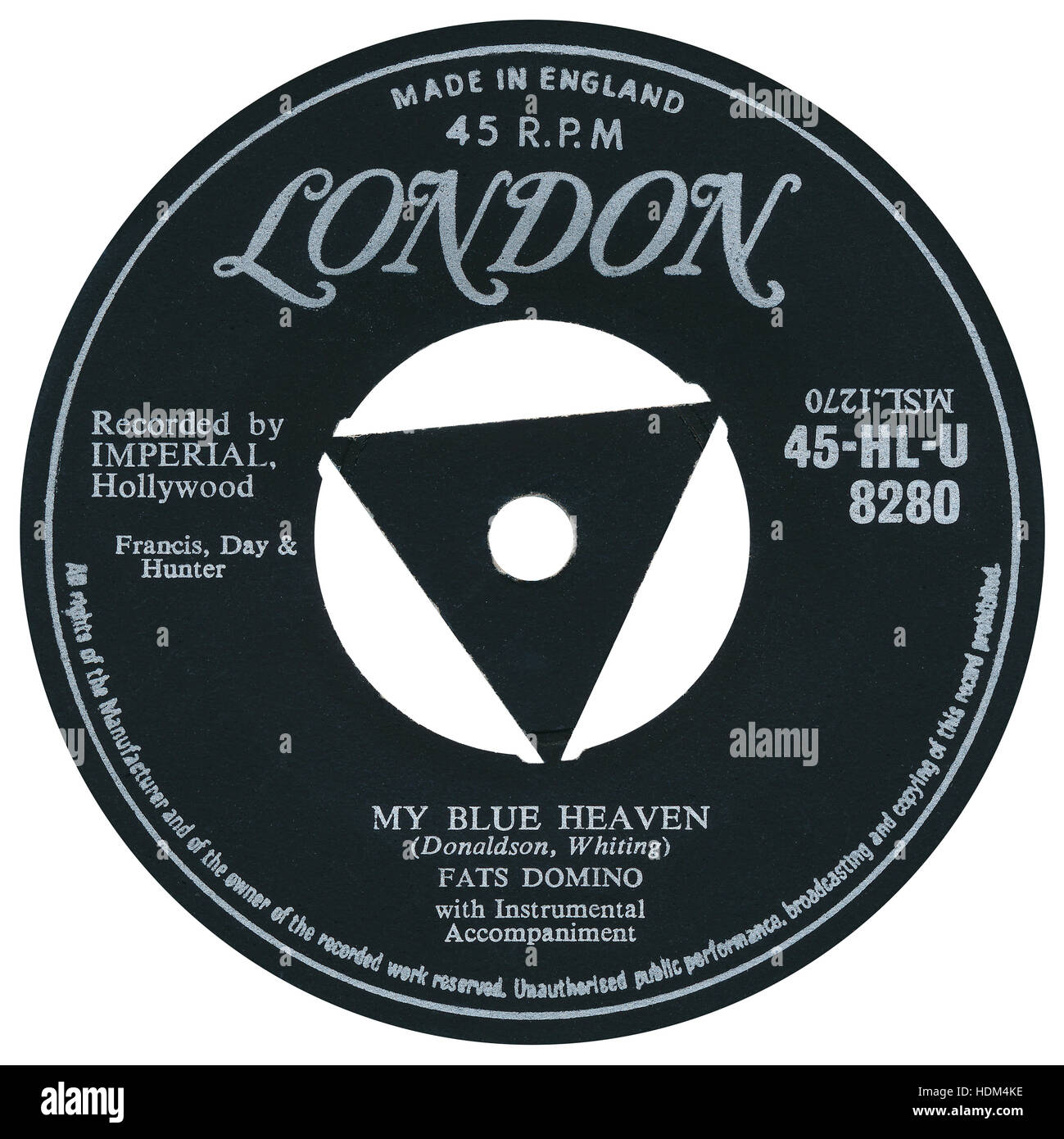 45 RPM 7' UK record label of My Blue Heaven by Fats Domino on the London label from 1956 Stock Photo