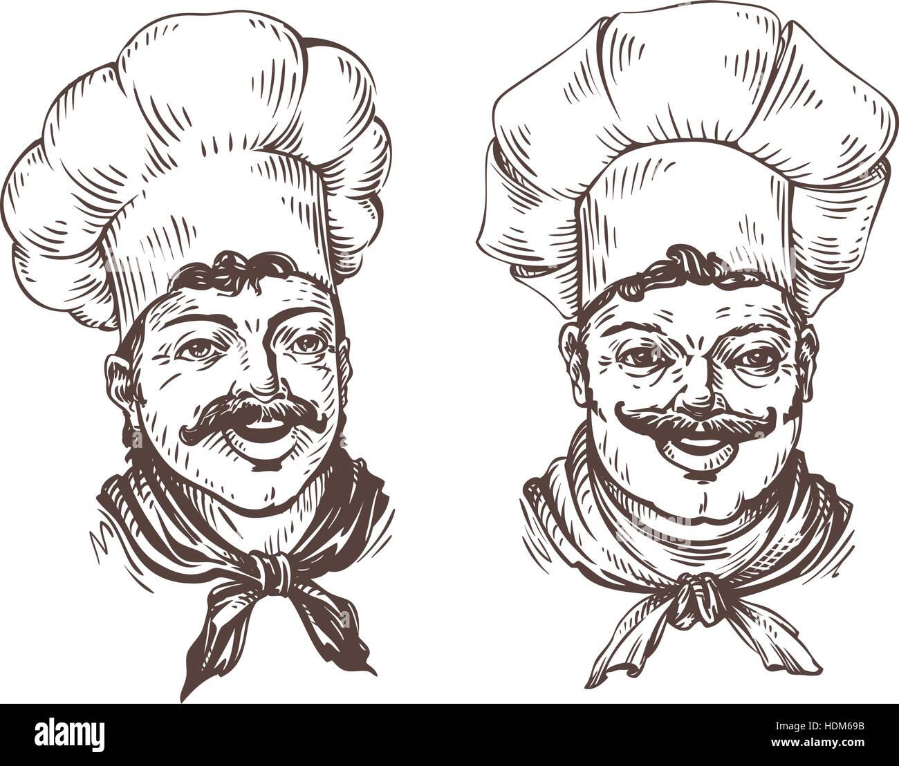 Drawn chef cooks on white background in style of engravings. Vector illustration isolated on white background Stock Vector