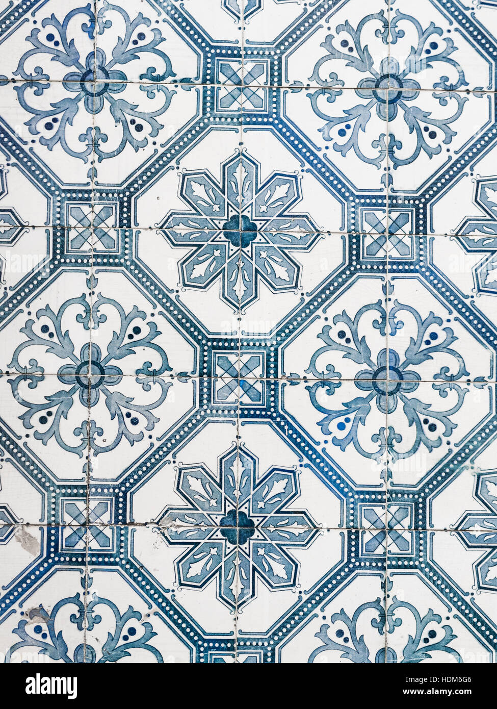 Blue azulejos, old tiles in the Old Town of Lisbon, Portugal, close up