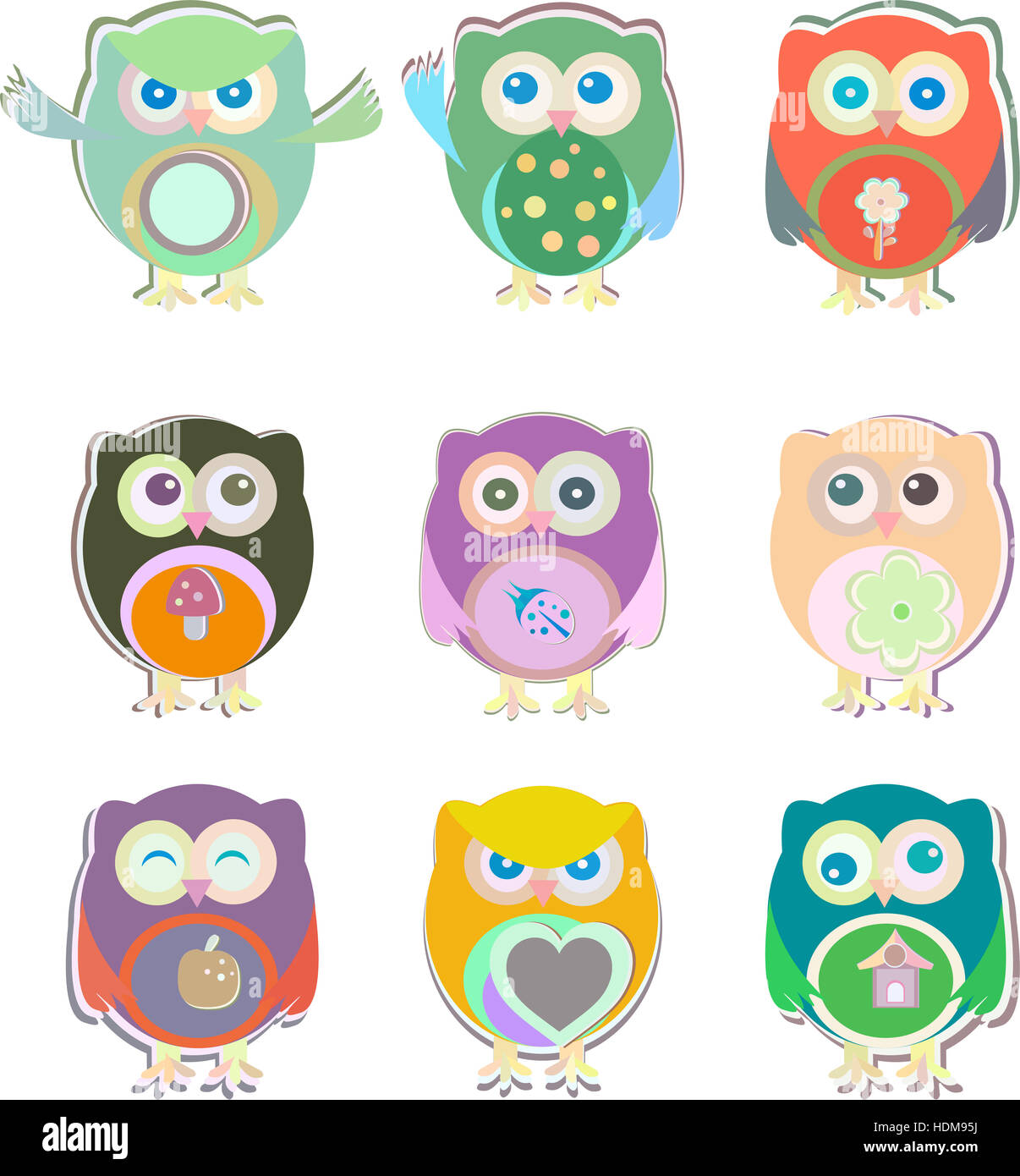 set of cute owls isolated on white Stock Photo - Alamy