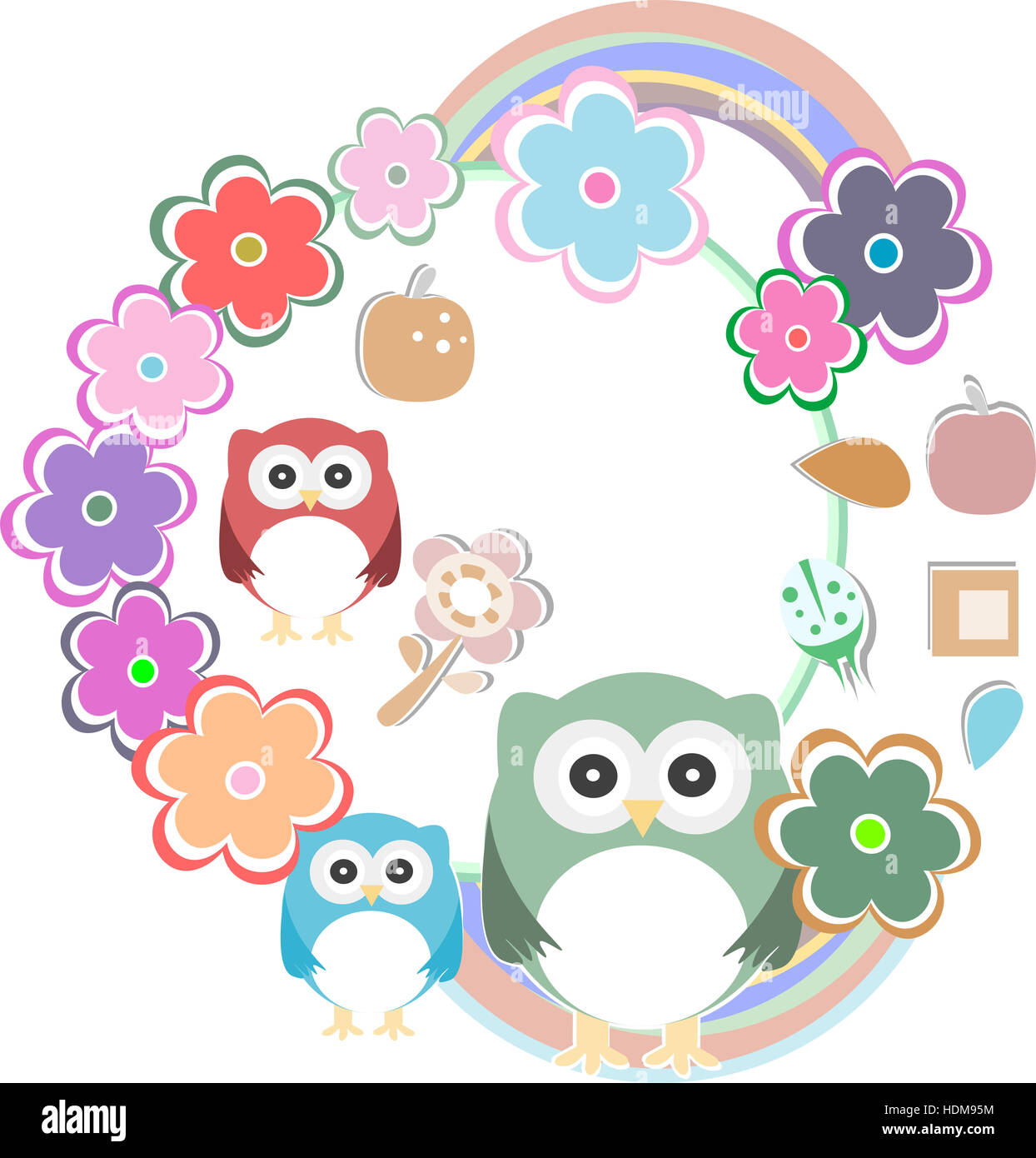 birthday party card with cute birds, owl family and flowers Stock Photo ...