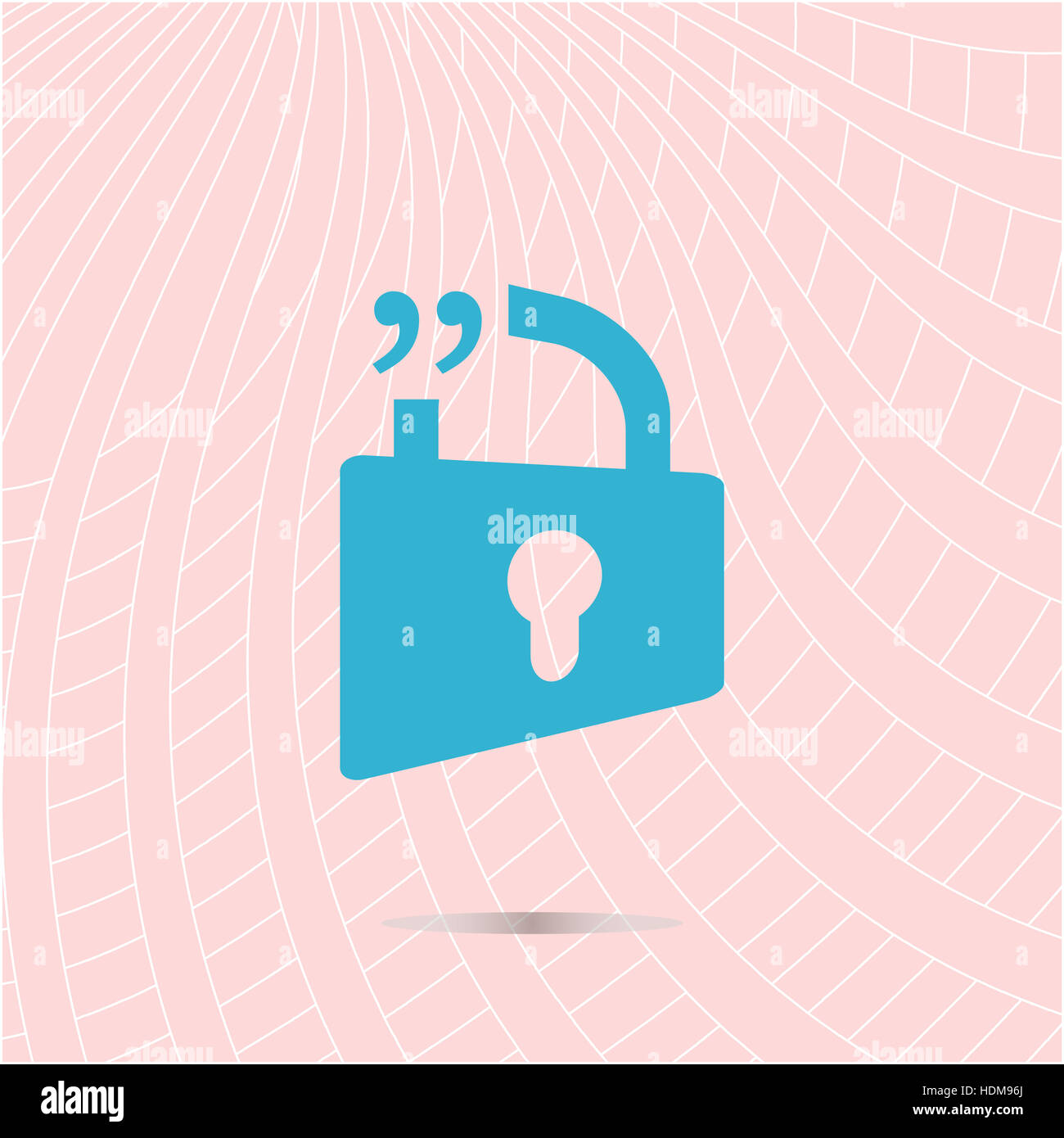 blue open lock sign, quotation mark speech bubble and chat symbol Stock Photo