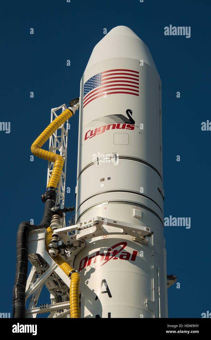 The Orbital Sciences Corporation Antares rocket with Cygnus spacecraft onboard sits on Launch Pad-0A at the NASA Wallops Flight Facility in preparation for its Orbital-2 cargo delivery flight mission to the International Space Station July 12, 2014 in Chincoteague Island, Virginia. Stock Photo
