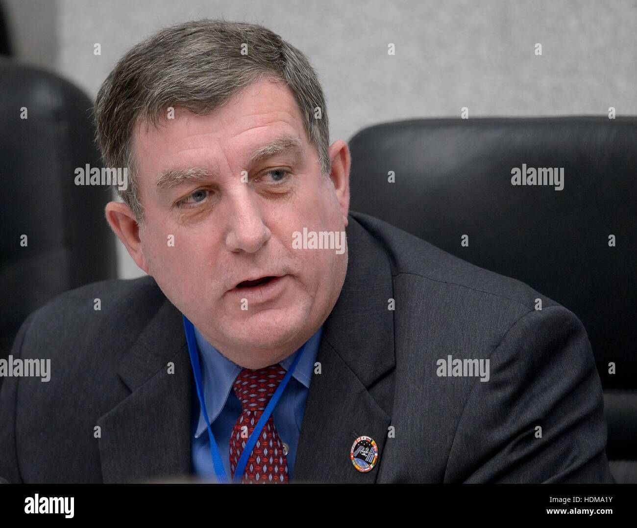 NASA International Space Station Program Manager Kirk Shireman speaks during the State Commission meeting to approve the Soyuz Expedition 50 rocket launch at the Cosmonaut Hotel November 16, 2016 in Baikonur, Kazakhstan. Stock Photo