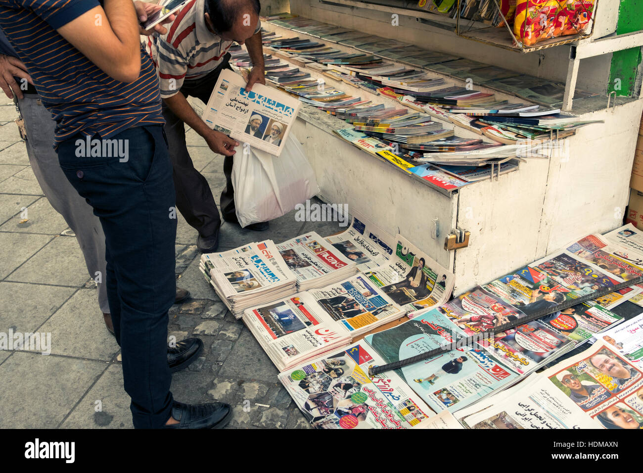 Newspaper and magazine booth near the Tehran Bazaar, Tehran, Tehran Province, Iran Stock Photo
