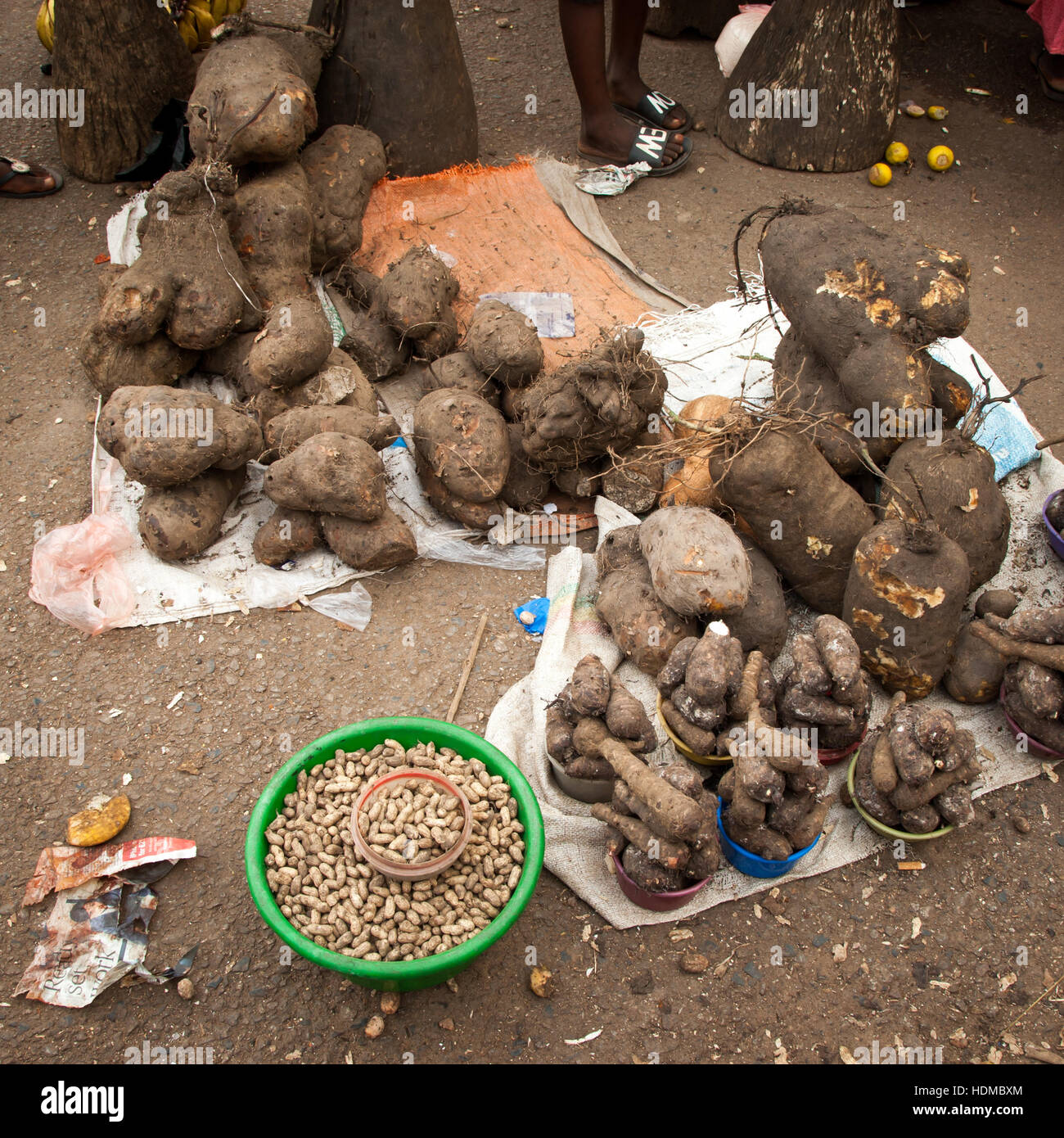 Cassava and paenuts on display of Sierra Leone market Stock Photo