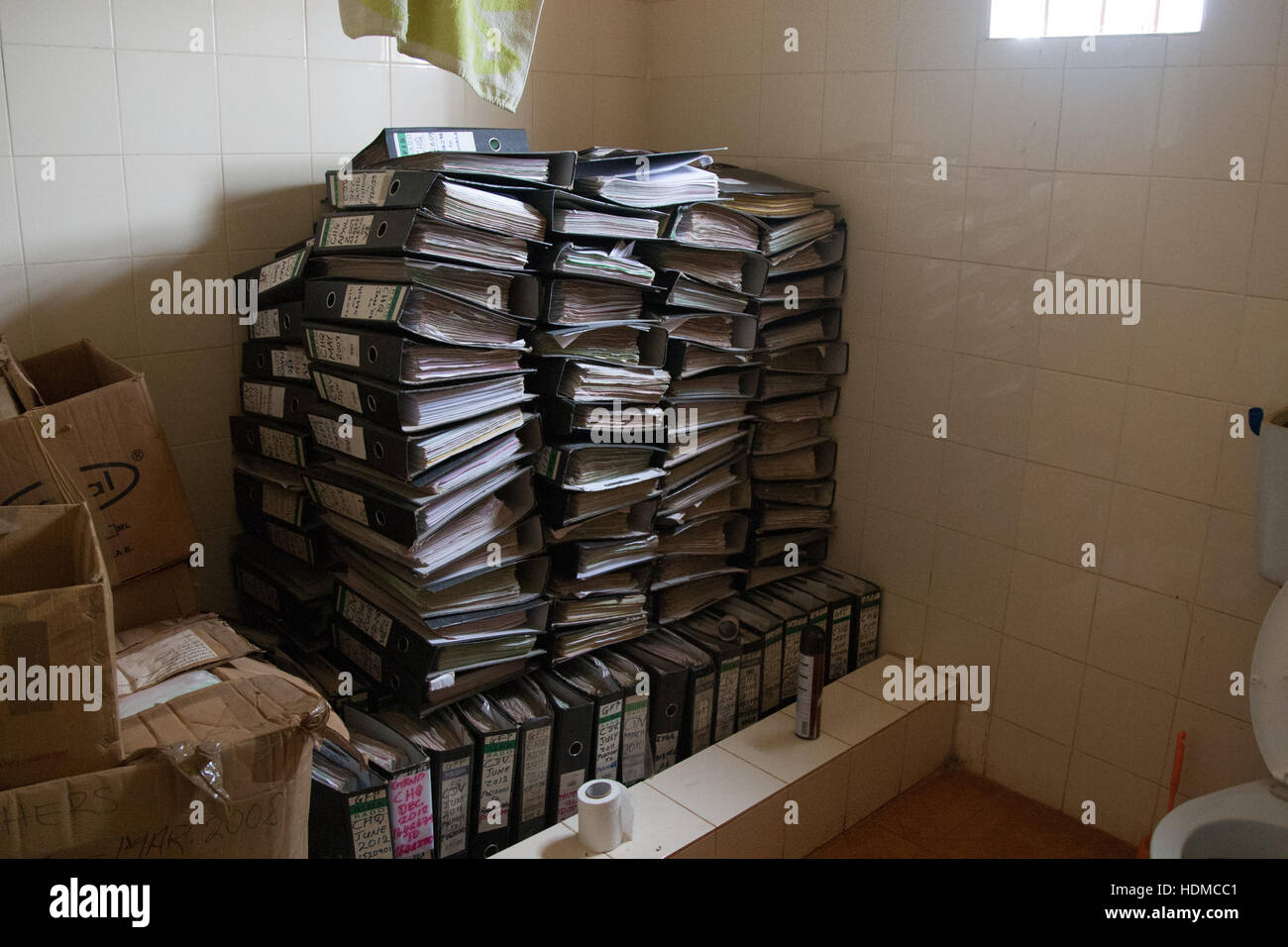 Pile of ring binders in shower base Stock Photo
