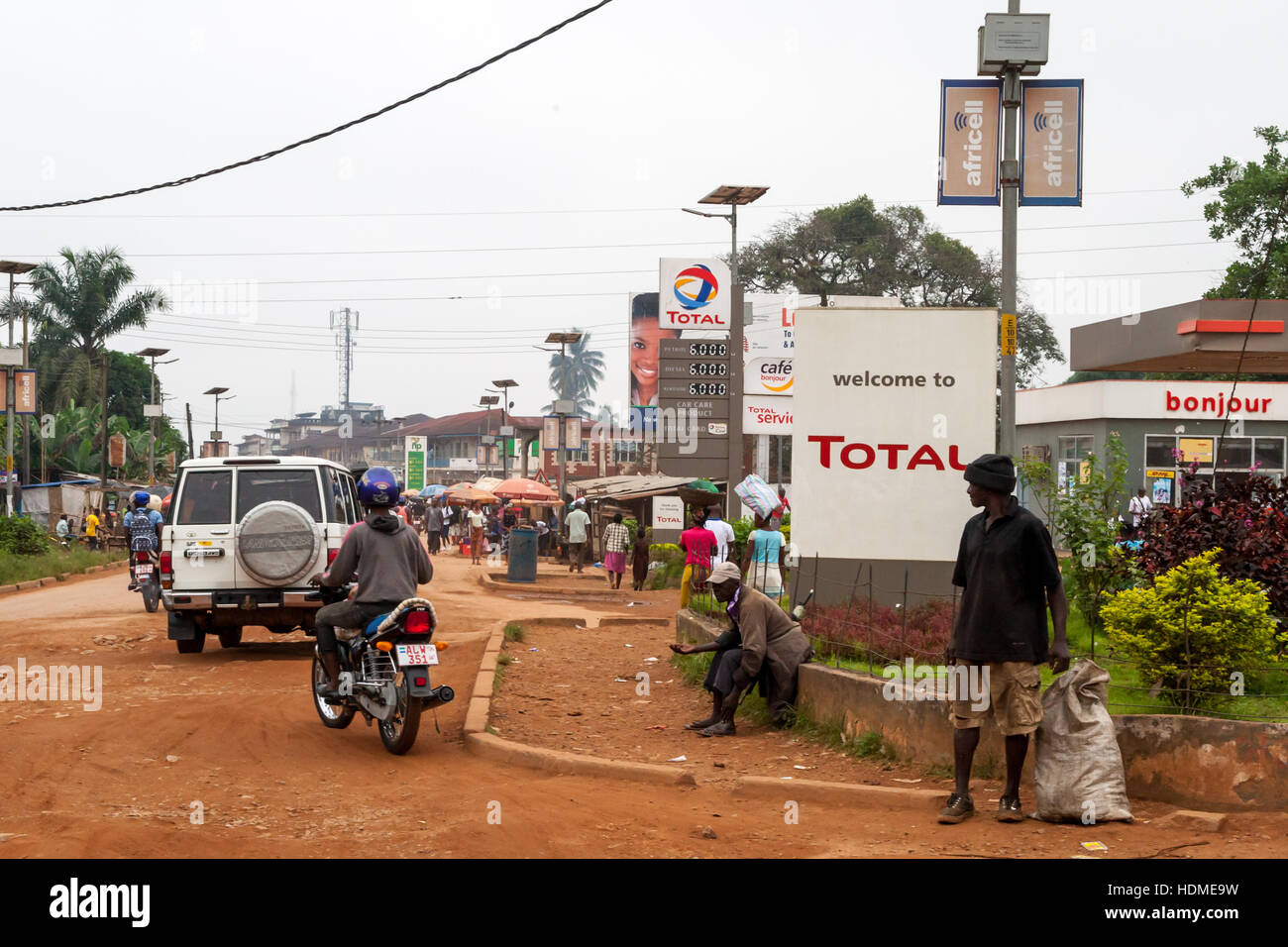 Street of Kenema in Sierra Leone with diamond dealer shops Stock Photo