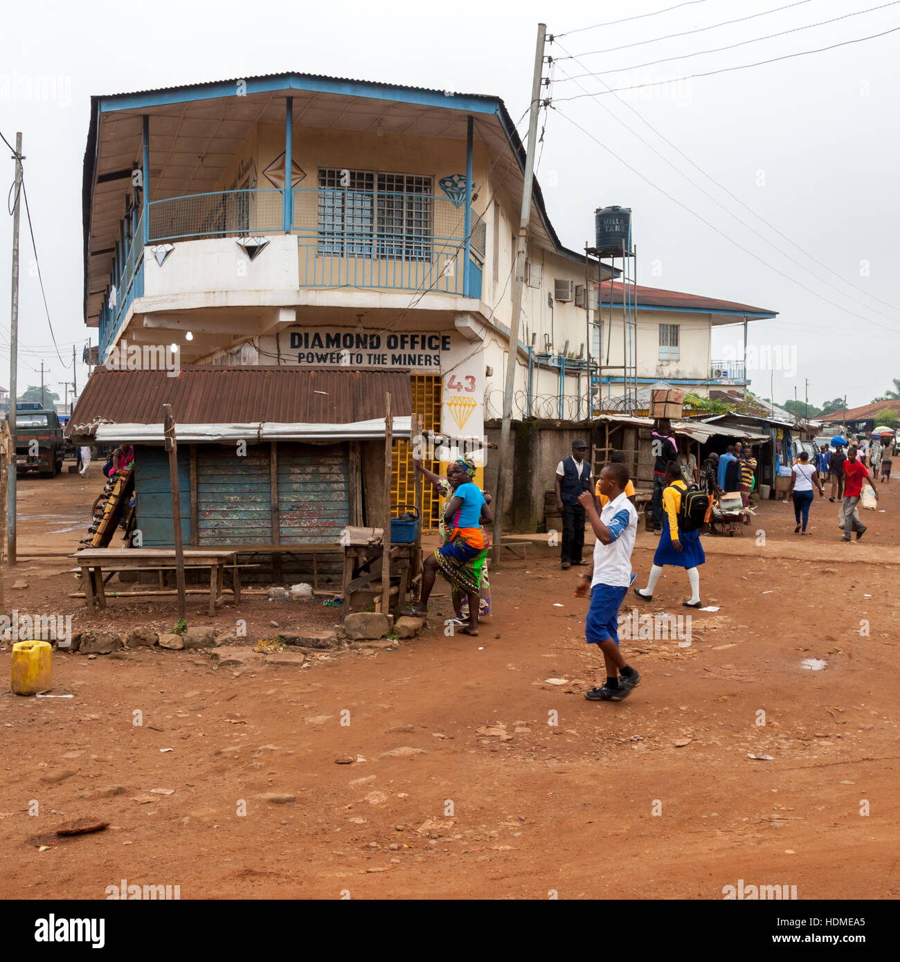 Street of Kenema in Sierra Leone with diamond dealer shops Stock Photo