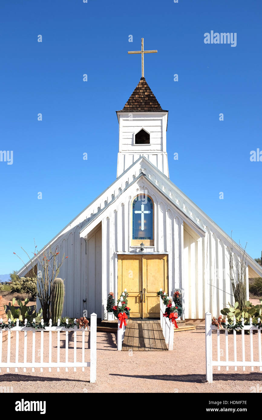 Closeup of the Elvis Memorial Chapel. Located at the Superstition Mountain Museum it was featured in the Elvis Presley movie Charro. Stock Photo
