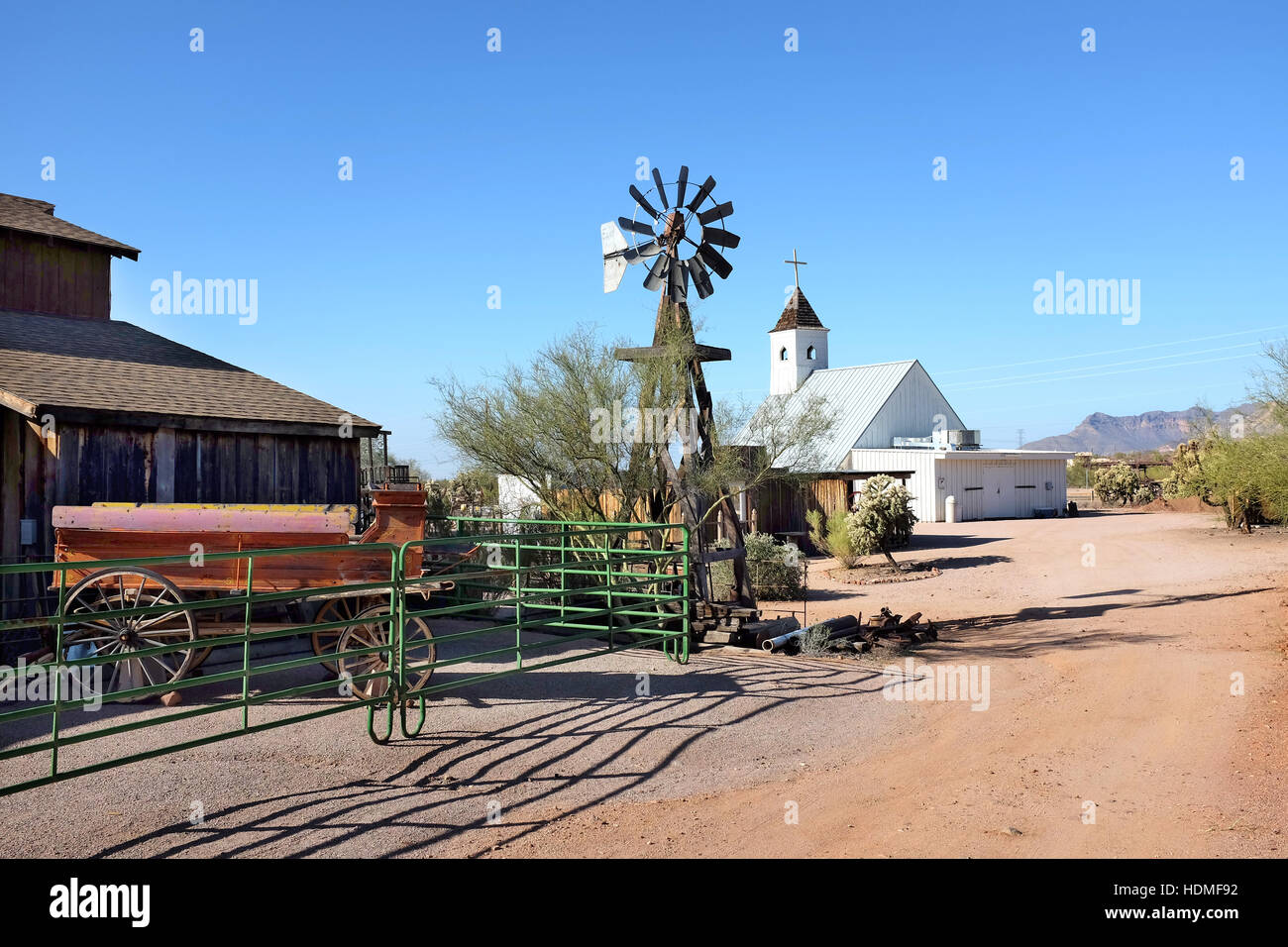 Superstition Mountain Museum, showing the Windmill, Apacheland Barn, and Elvis Memorial Chapel. Stock Photo