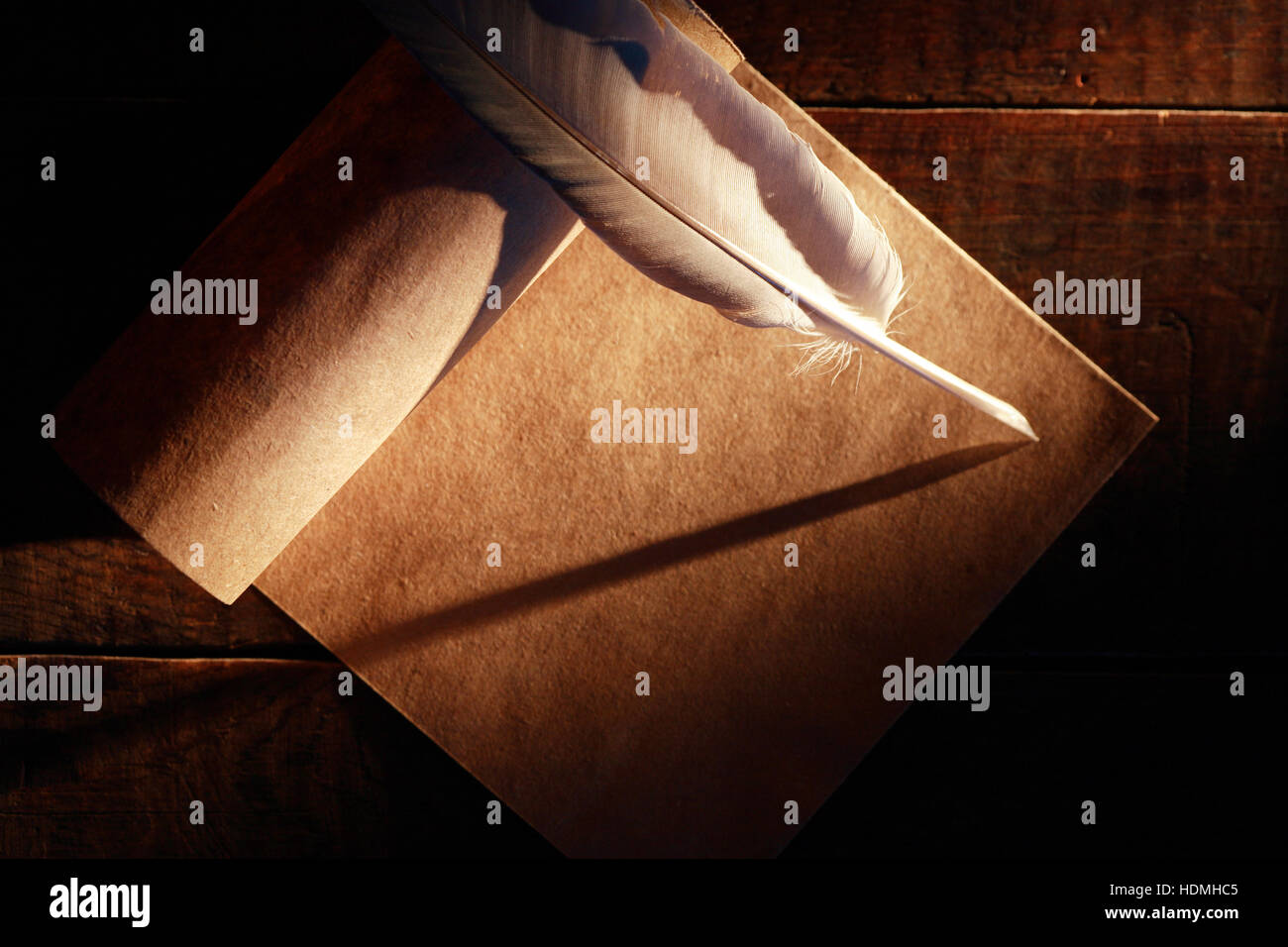 Paper and quill pen on nice old wooden background Stock Photo