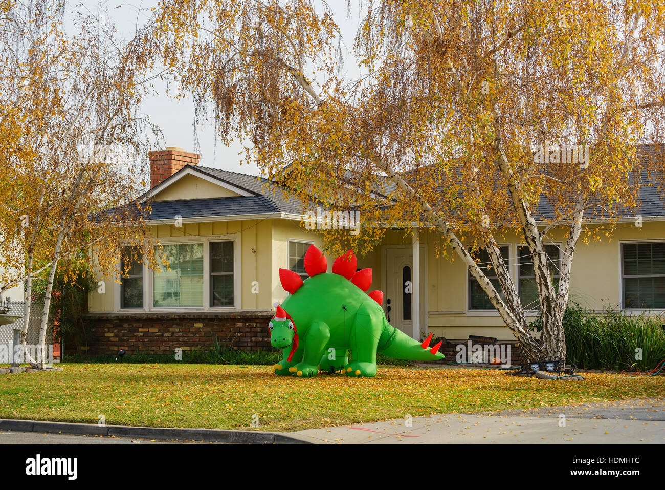 Temple City, DEC 12: Inflatable dinosaur christmas decoration and fall color in front of a house on DEC 12, 2016 at Temple City, California Stock Photo