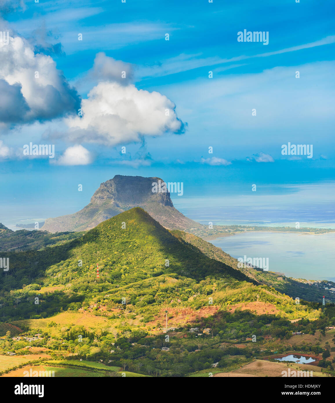 View from the viewpoint. Le Morne Brabant on background. Mauritius. Stock Photo