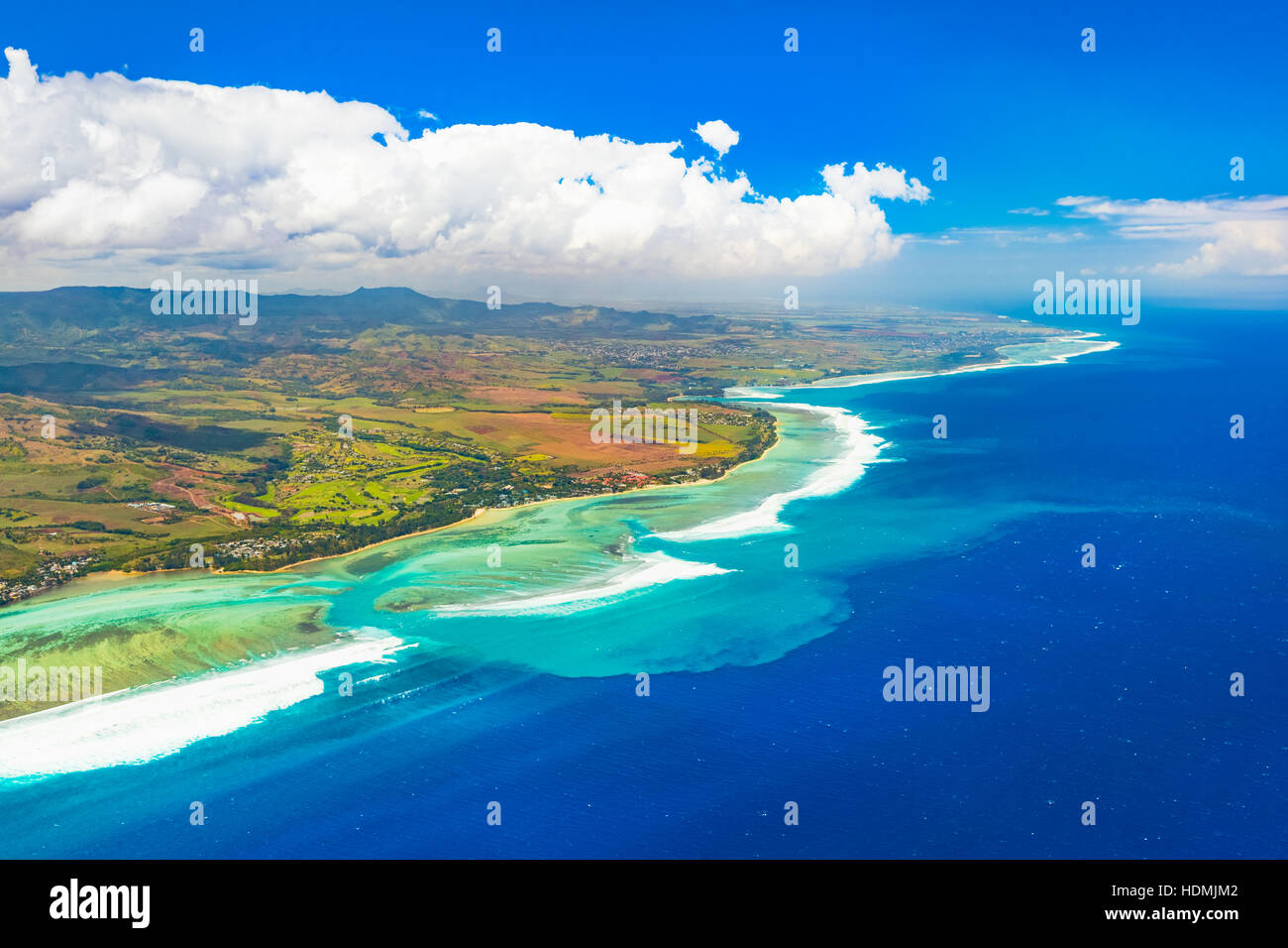 Aerial view of the underwater channel. Amazing Mauritius landscape Stock Photo