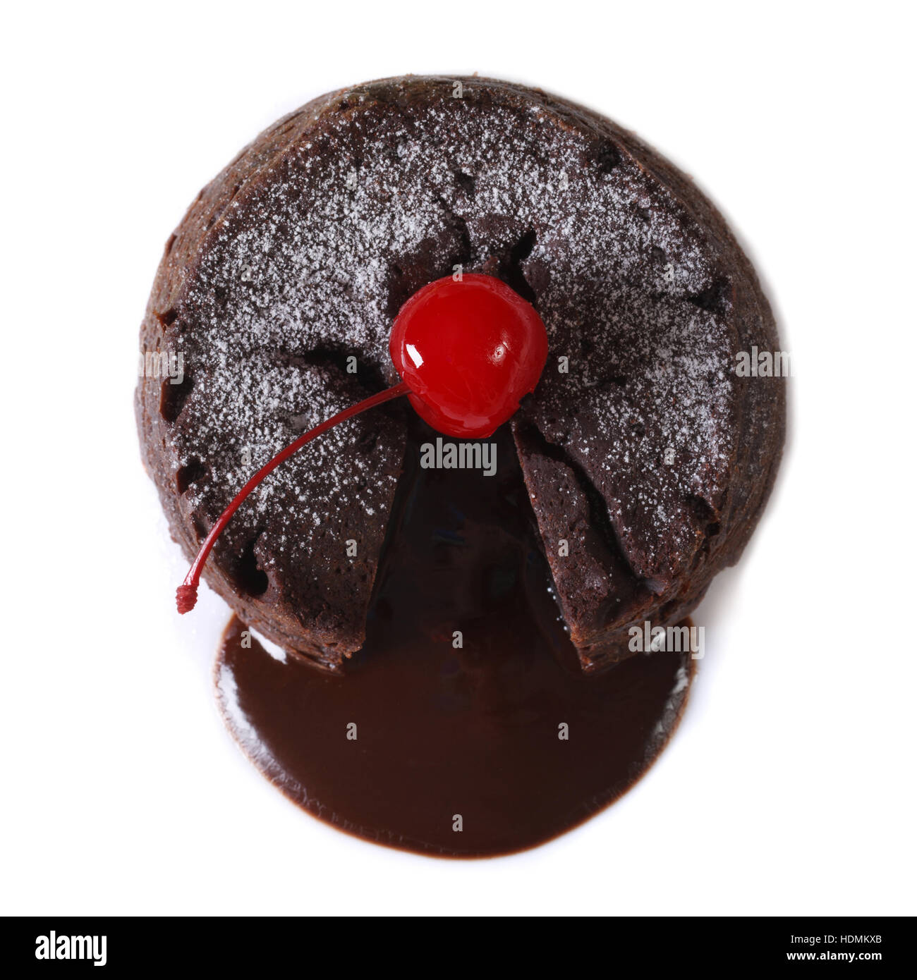 fondant chocolate cake with cherry closeup isolated on white background. top view Stock Photo