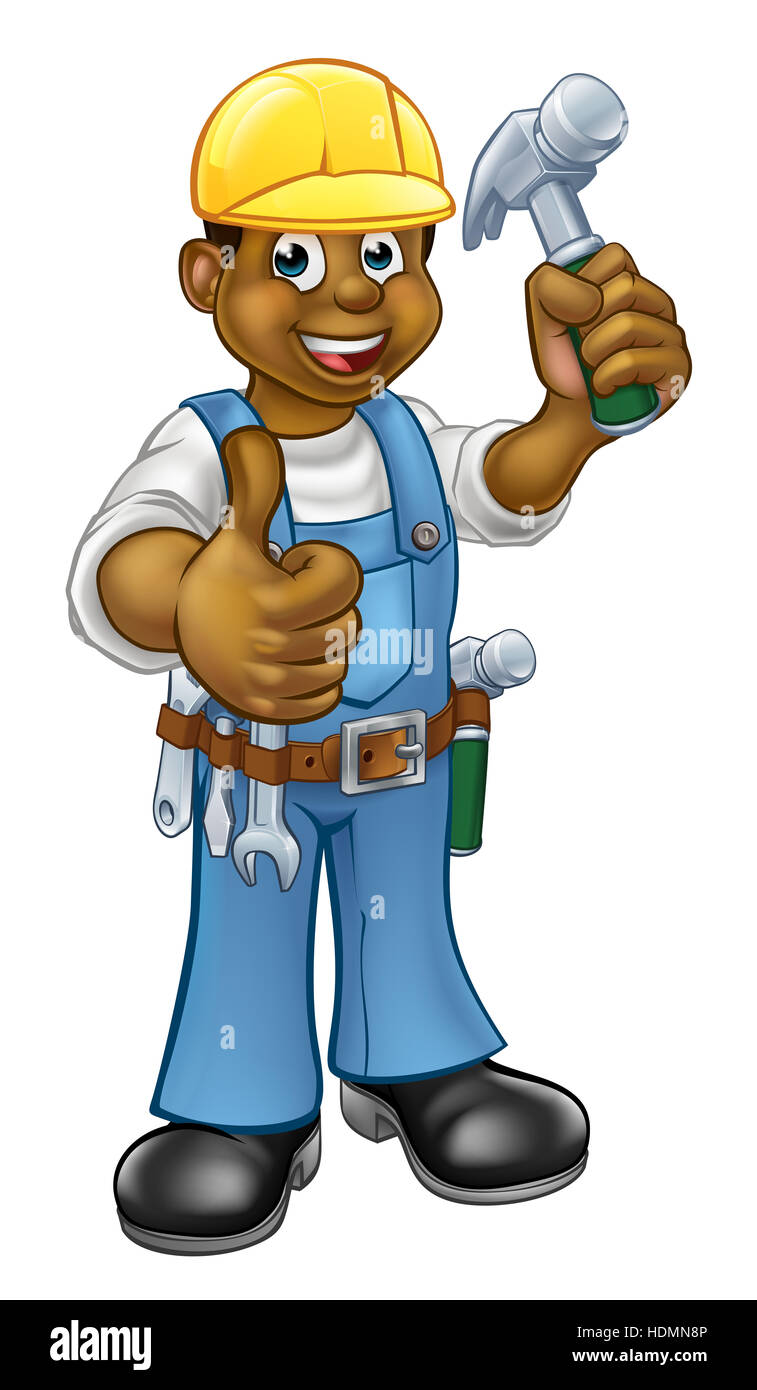 A black handyman carpenter cartoon character in a hard hat holding a