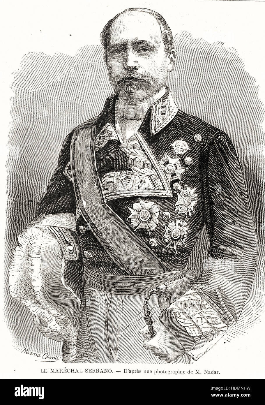 Illustration 1862 engraving Marshal Serrano (after photo of Nadar) Stock Photo
