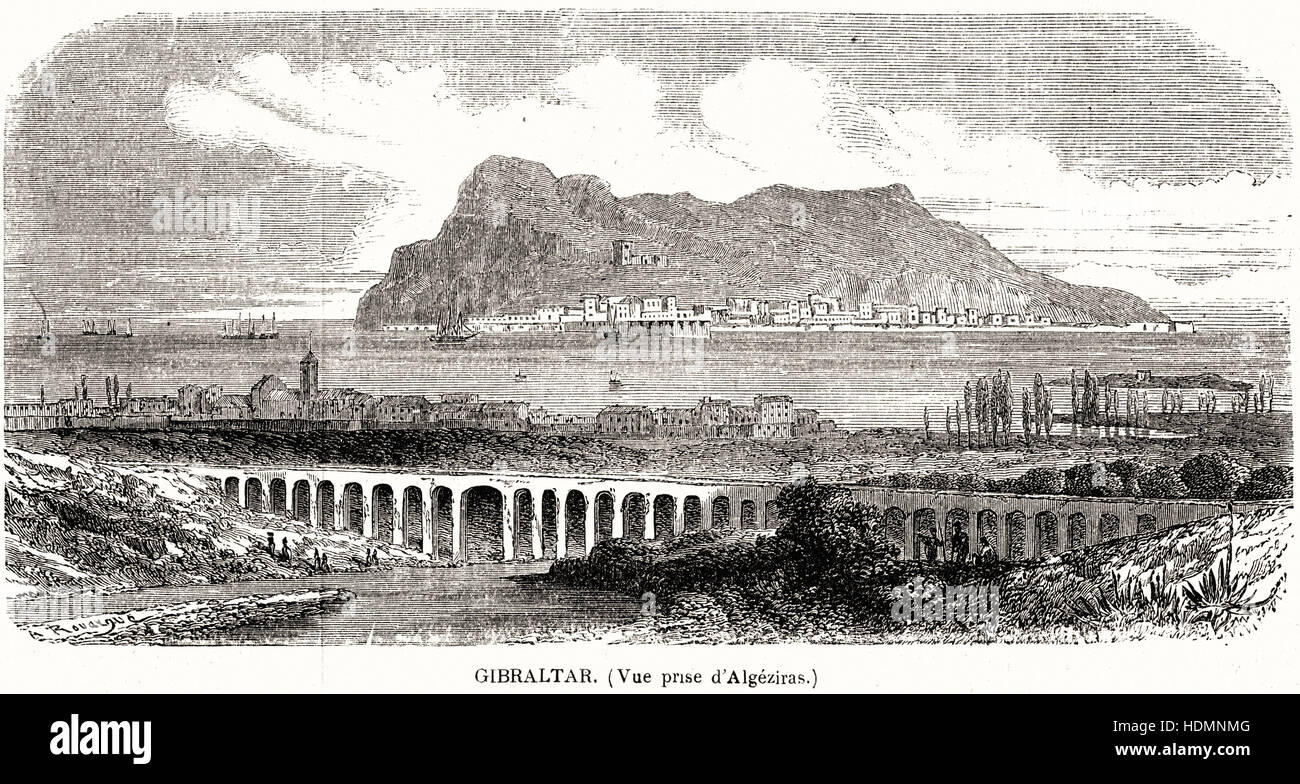 Illustration 1862 engraving Gibraltar view taken of Algeciras Stock Photo