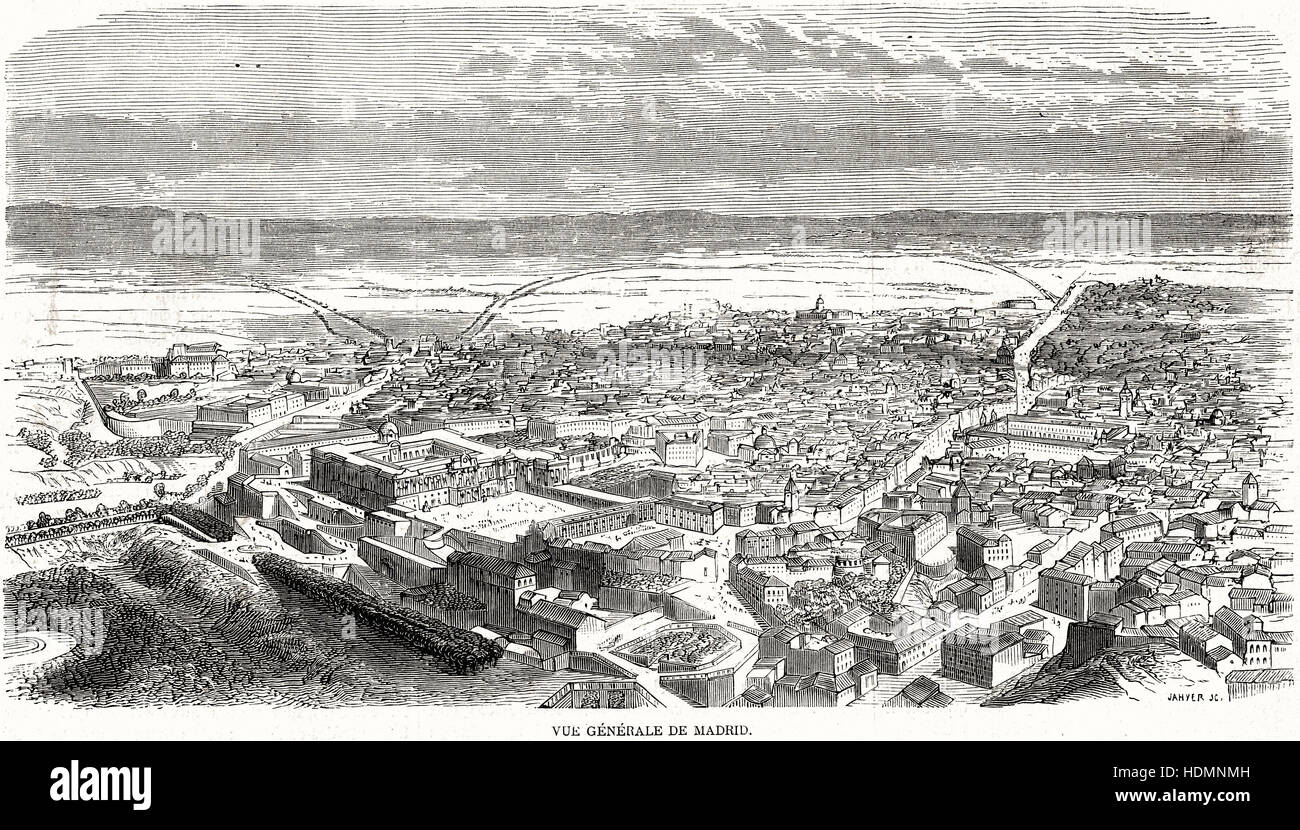 Illustration 1862 engraving General view of Madrid Stock Photo