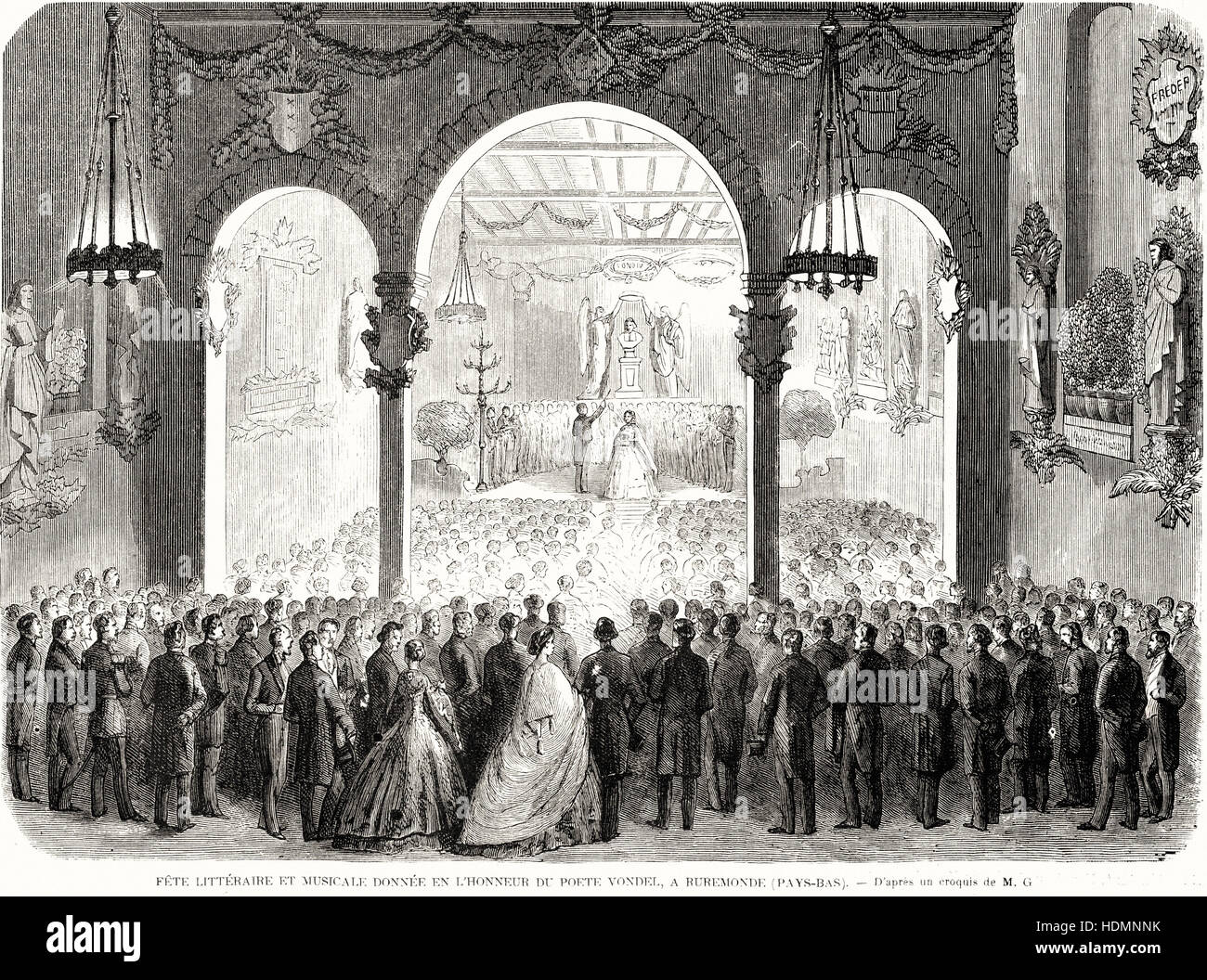 L'Illustration 1862 engraving Literary and musical festival given in honor of the poet Vondel in Roermond (Netherlands) Stock Photo