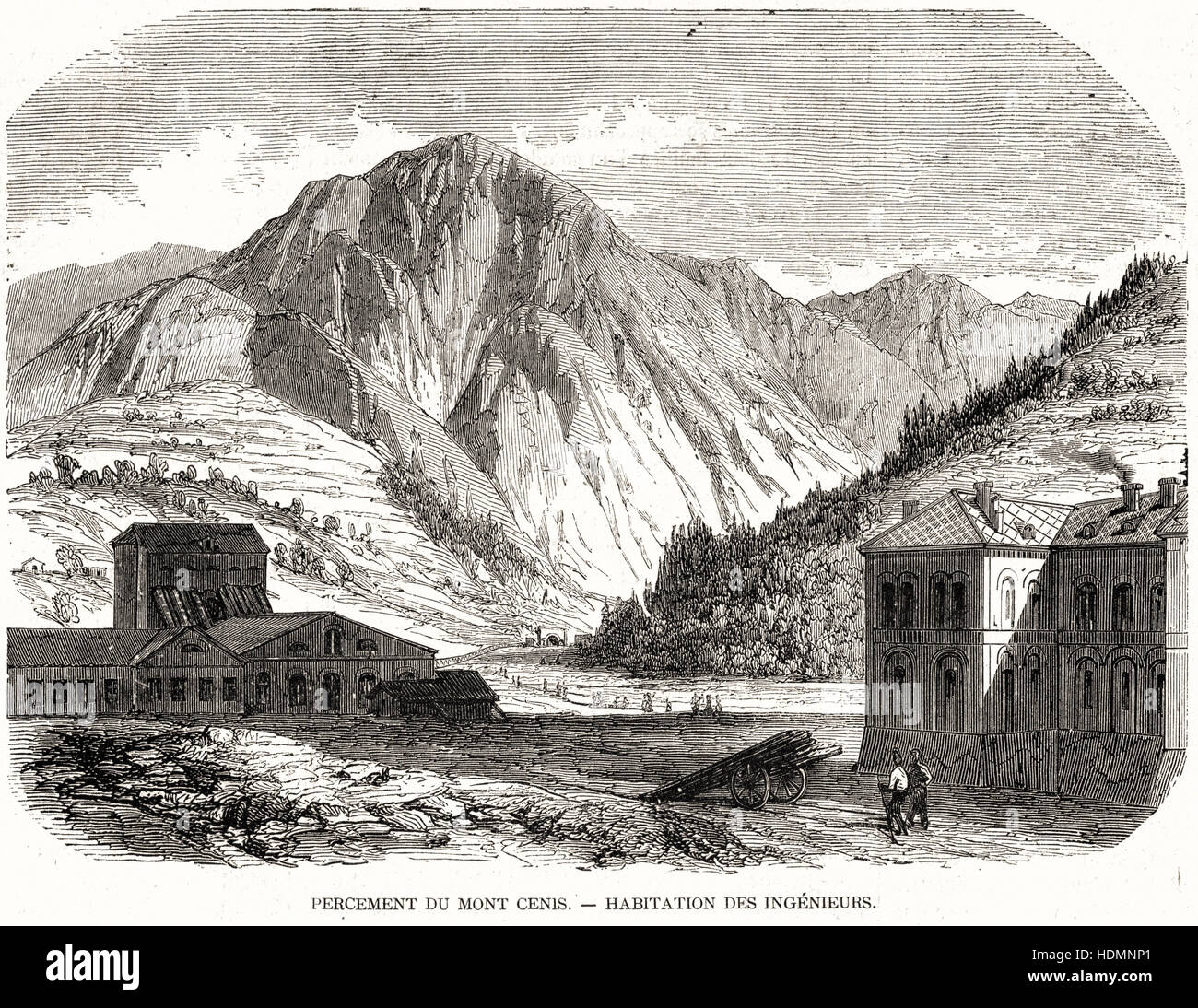 Illustration 1862 engraving Perforation of Mont Cenis 01, dwelling of engineers Stock Photo