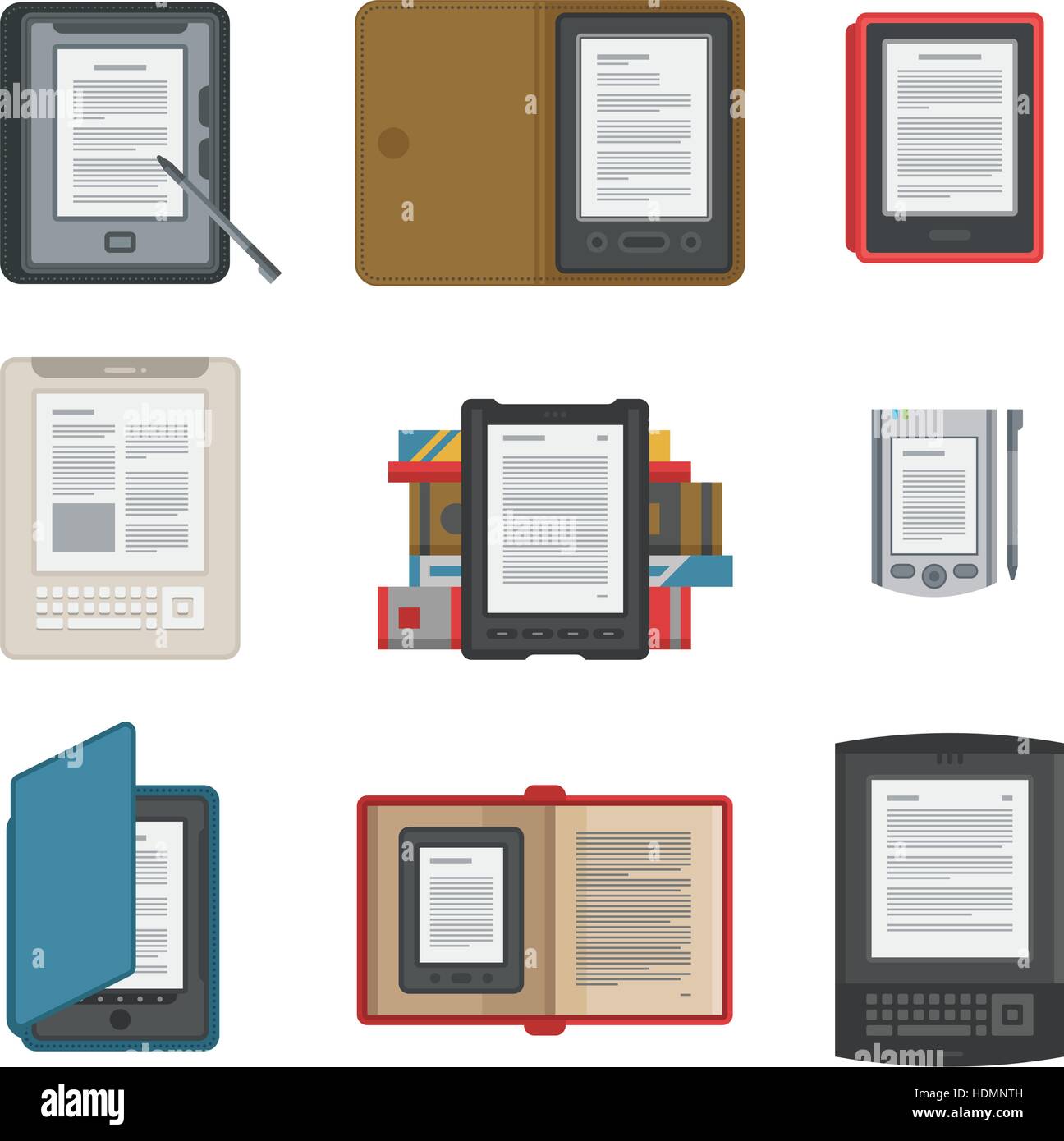 Collection of tablet computer books for reading. Modern devices with
