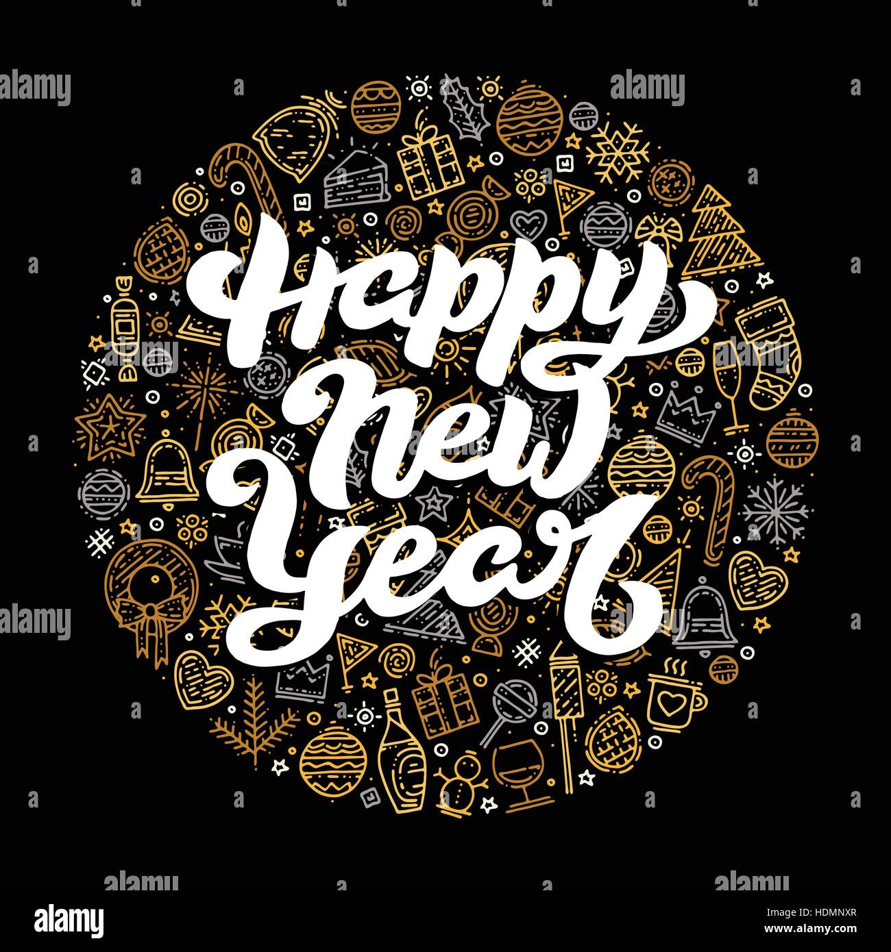 Silver gold lettering on black background with different icons. Happy ...