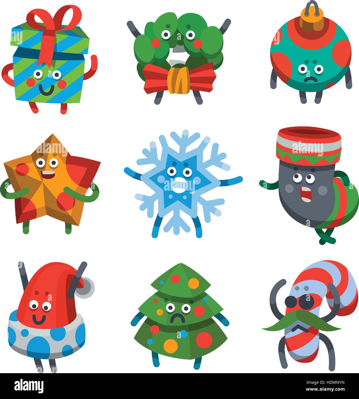 Vector illustration emoticons icons set on theme of winter holiday. Emoji emoticons Happy New Year icon. Emotion merry Christmas funny gift, star, toy Stock Vector