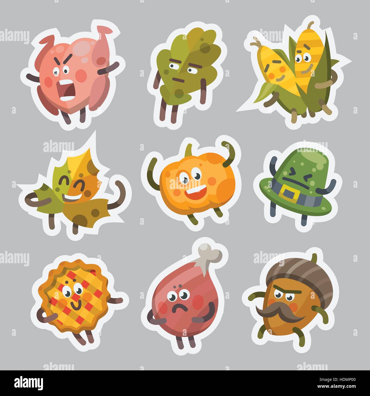 Vector illustration emoticons emoji stickers set on theme of autumn holiday. Autumn emoticons happy thanksgiving day. Different emotions funny pumpkin Stock Vector
