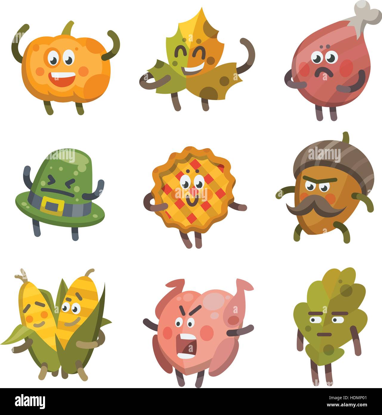 Vector illustration emoticons emoji set on theme of autumn holiday. Autumn emoticons happy thanksgiving day. Different emotions funny pumpkin, leaf, t Stock Vector