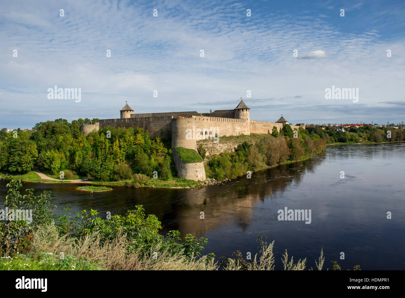 View of border river Narva between Estonia and Russia, fortress, Ivangorod, Russia Stock Photo