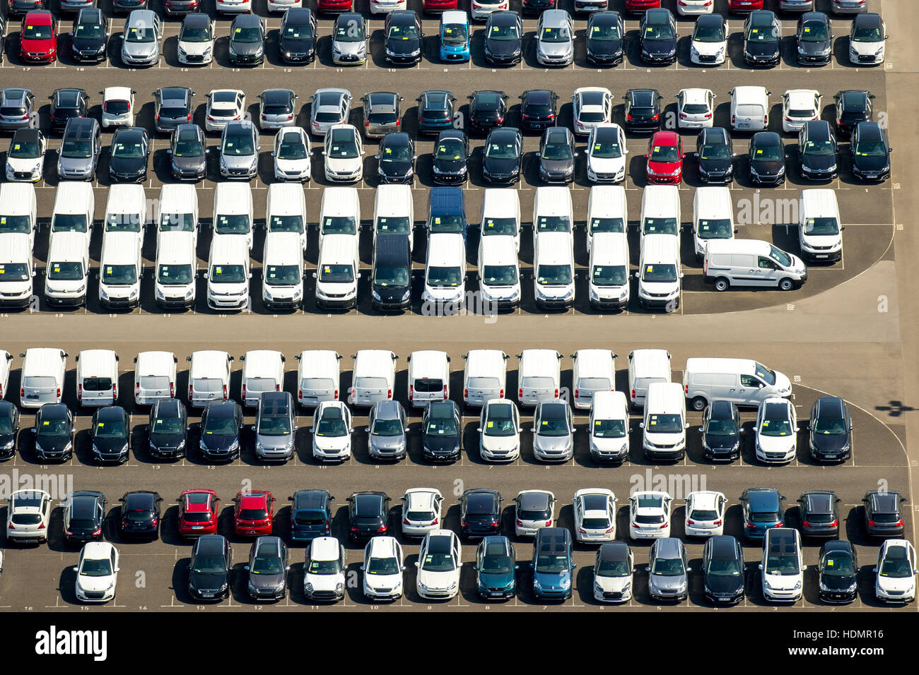 Aerial photograph, new car parking lot, Citroen, Peugeot, Ford cars, Wallenius Wilhelmsen Logistics, Zülpich, Rhineland Stock Photo