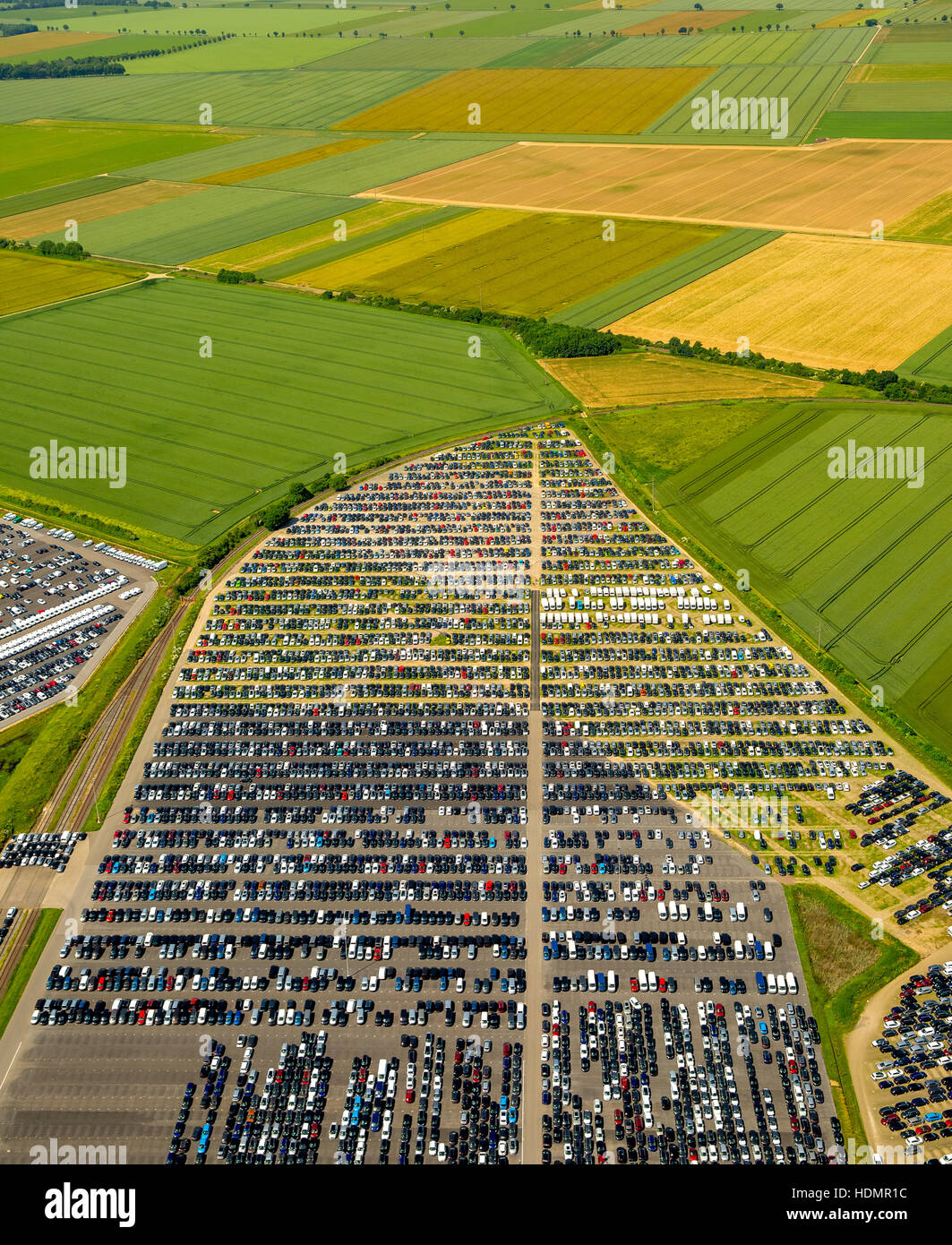 Aerial photograph, new car parking lot surrounded by fields, Citroen, Peugeot, Ford, Wallenius Wilhelmsen Logistics, Zülpich Stock Photo