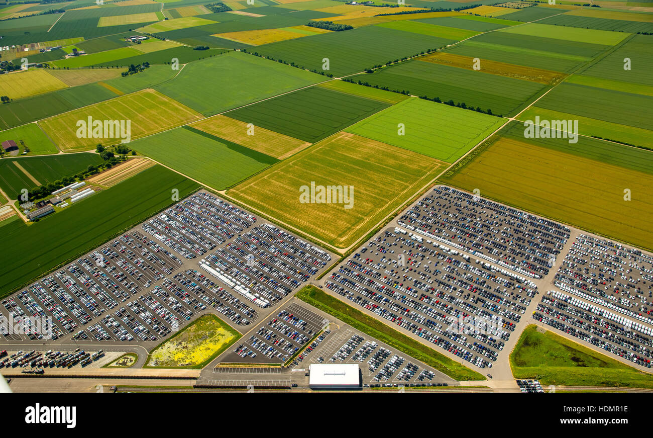 Aerial photograph, new car parking lot surrounded by fields, Citroen, Peugeot, Ford, Wallenius Wilhelmsen Logistics, Zülpich Stock Photo