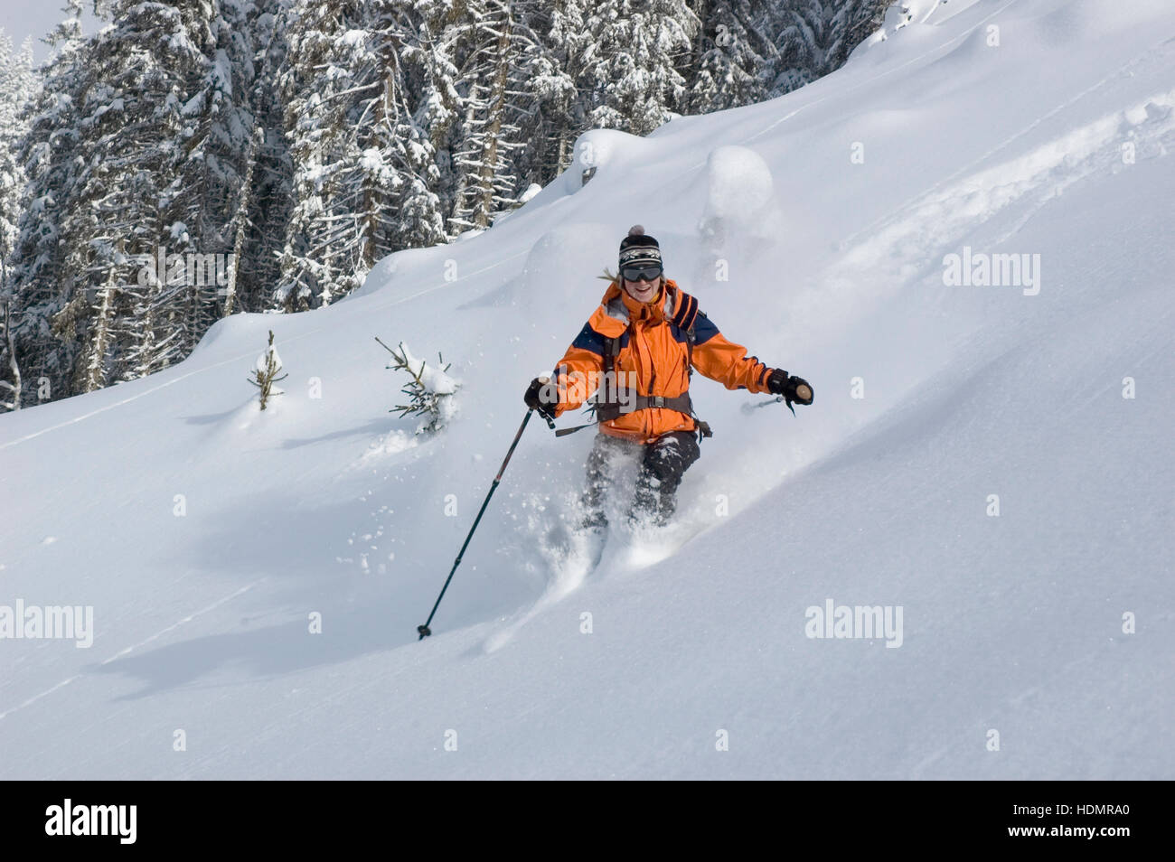 Downhill skiing in deep snow, Gesaeuse National Park, Styria, Austria