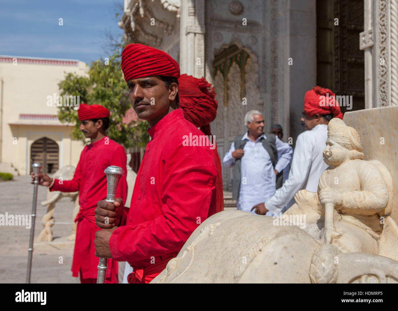 Traditionally dressed guards at the City Palace,Jaipur Rajasthan,India. Stock Photo